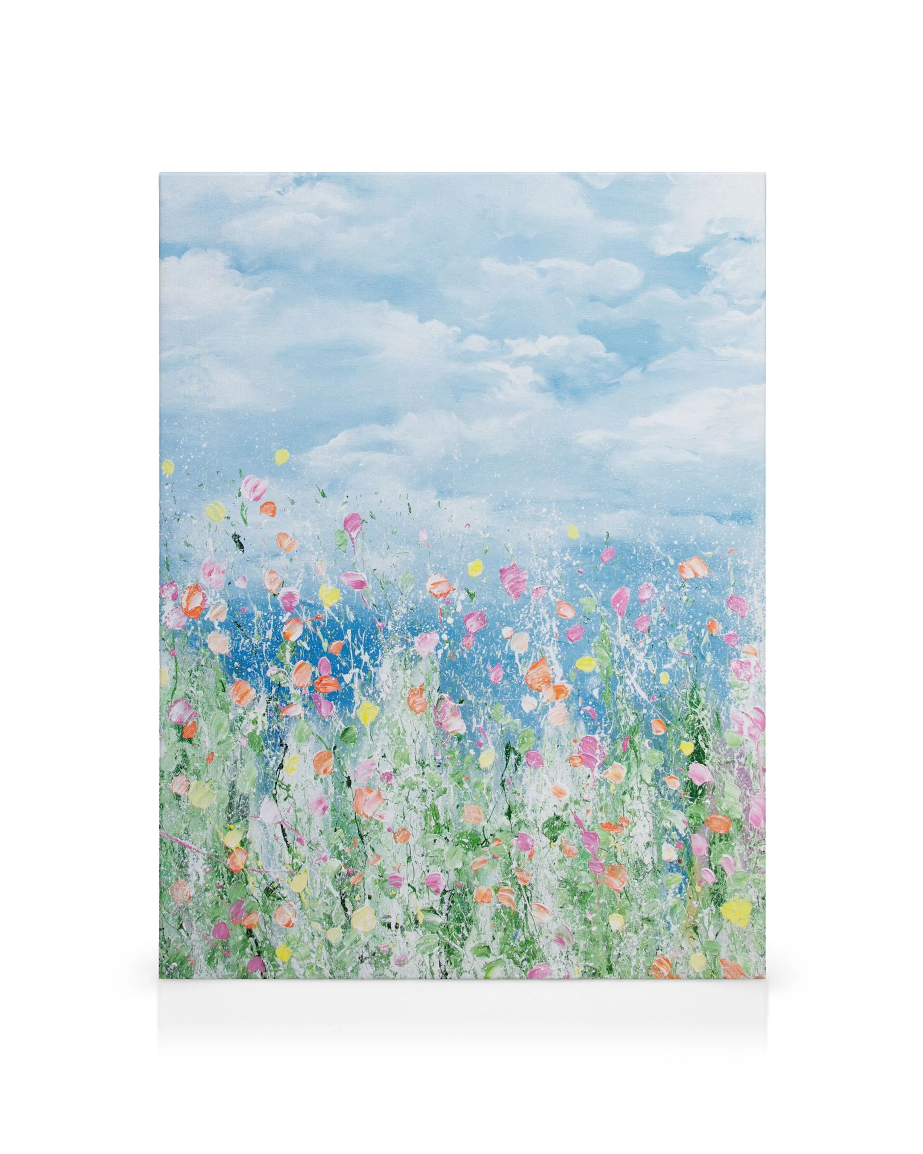 Colourful impressionist flower field painting under a blue sky with white clouds, pink, yellow, red, purple flowers.