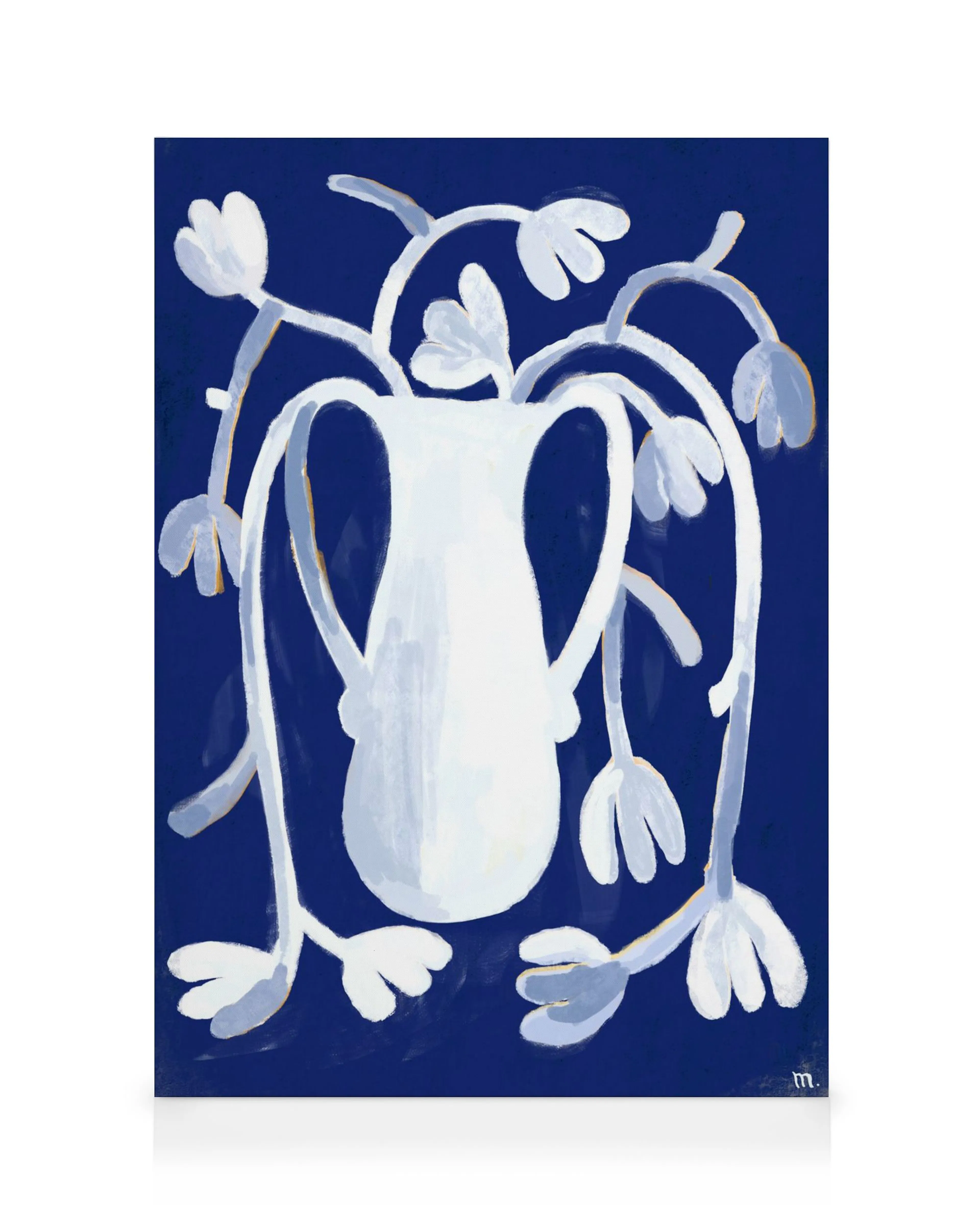 Marco Marellas White Vase canvas print features an abstract white vase with organic, flowing white botanical shapes on a deep bl