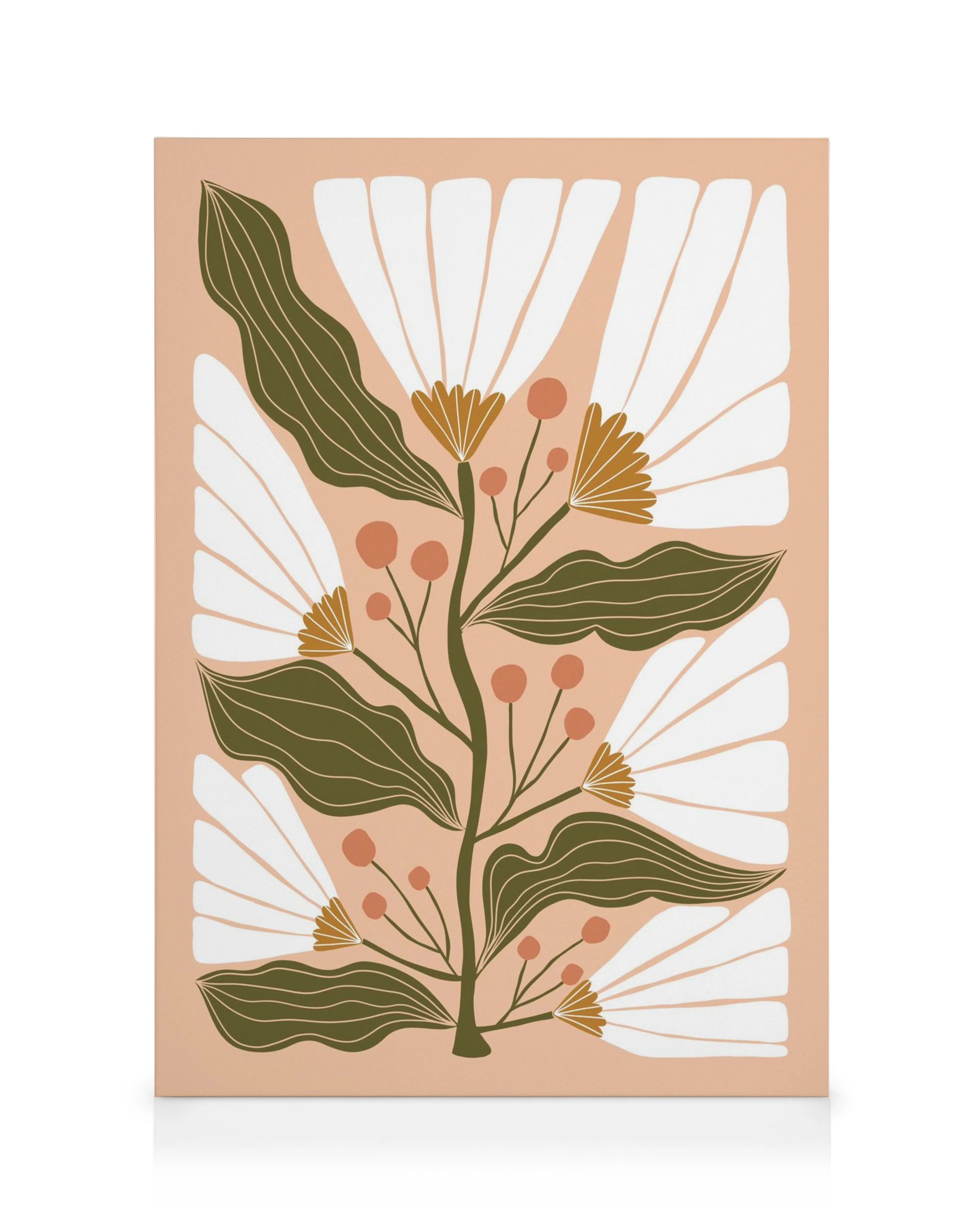Maeve floral canvas print by Rebecca Zwanzig of High West Wild, featuring white flowers, green leaves, and pink berries on a pea