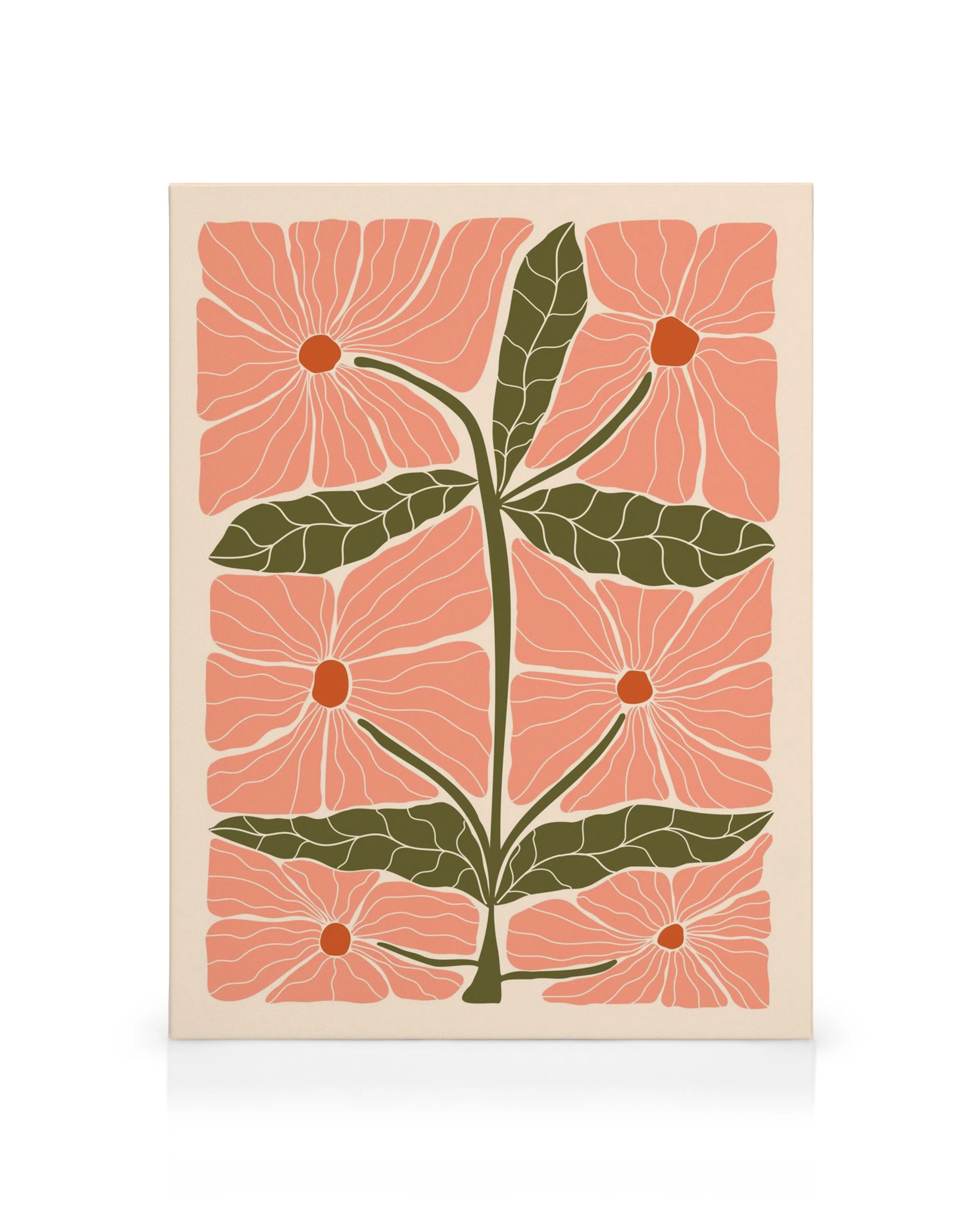 Rebecca Zwanzig Franny canvas print: abstract pink flowers with green leaves on a cream background.