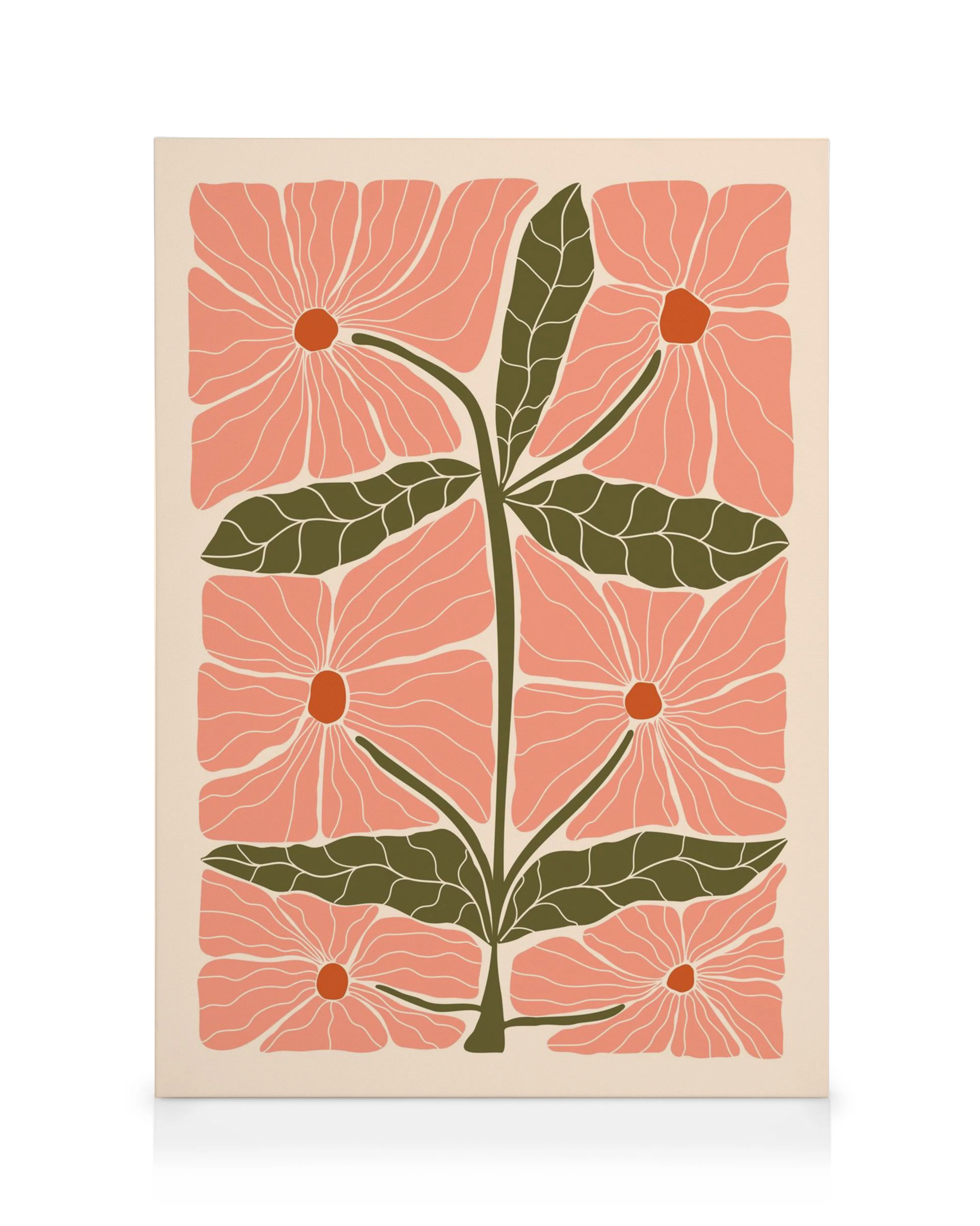 Franny Canvas with a stylized pink flower pattern and green leaves on a cream background.