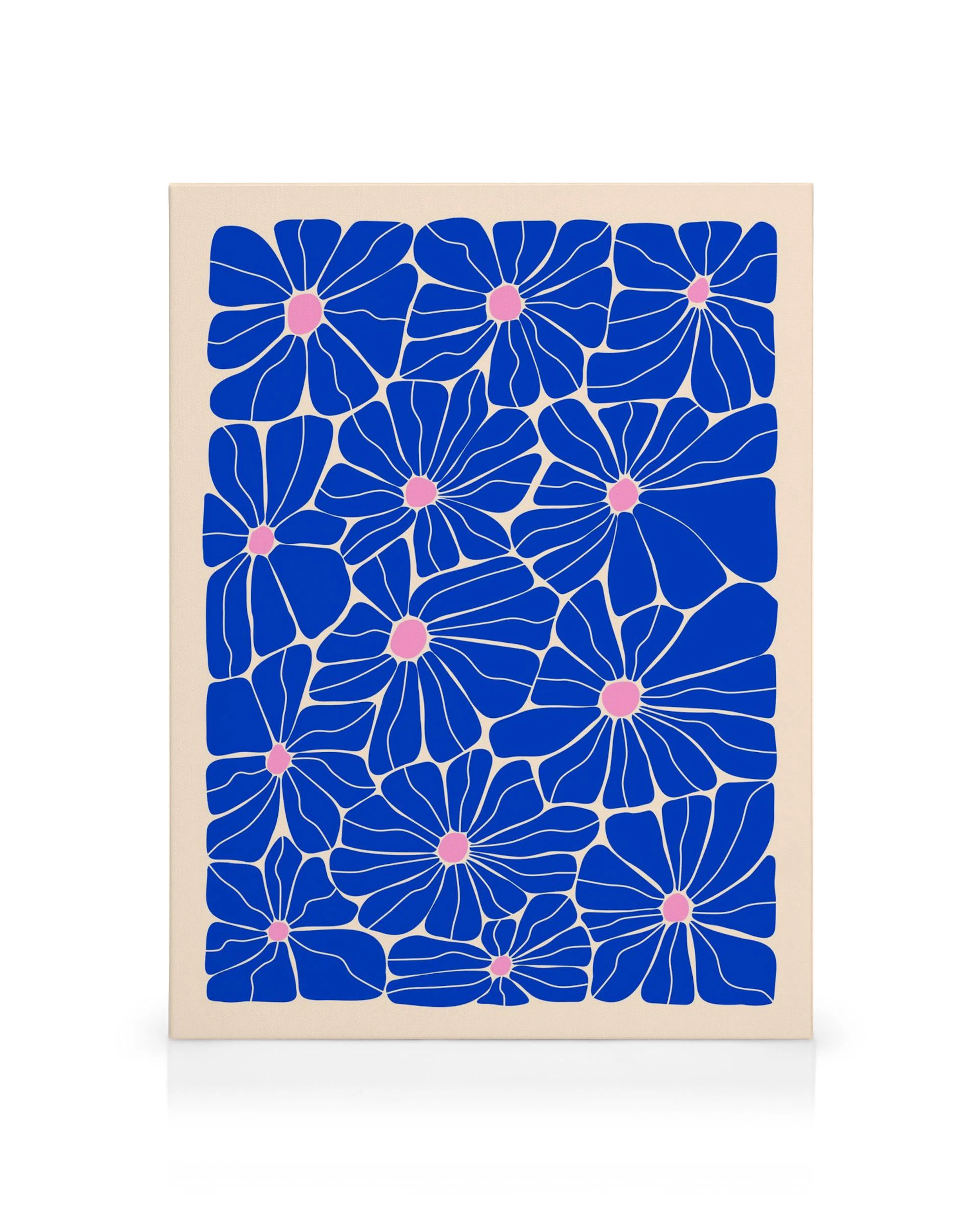 Lienzo Olga con patrón repetitivo de flores azules y centros rosas sobre fondo beige, ideal para decoración floral.