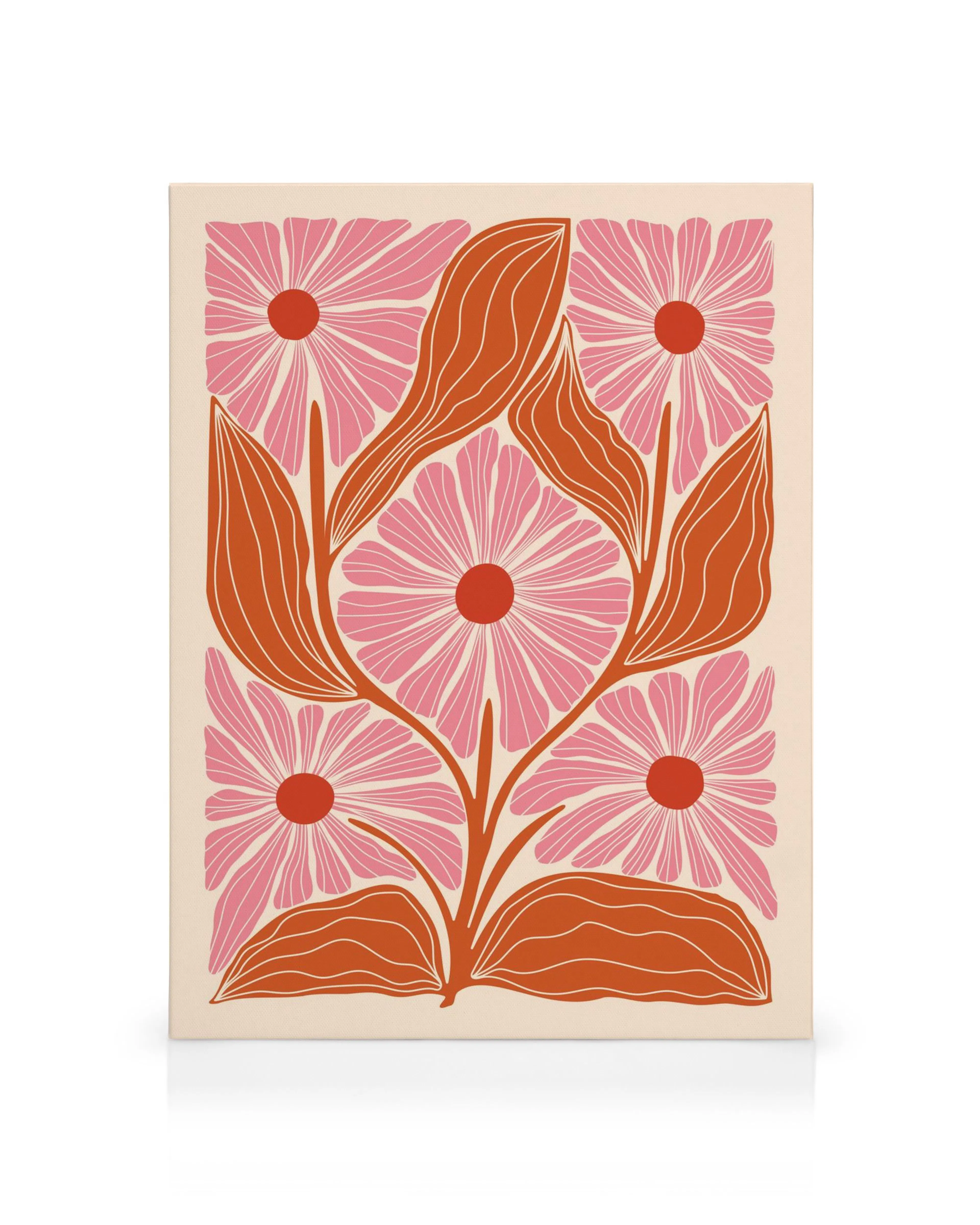 Leinwandbild Paige mit stilisierten rosa Gänseblümchen, orangefarbenen Blättern und Stielen auf beigem Hintergrund.