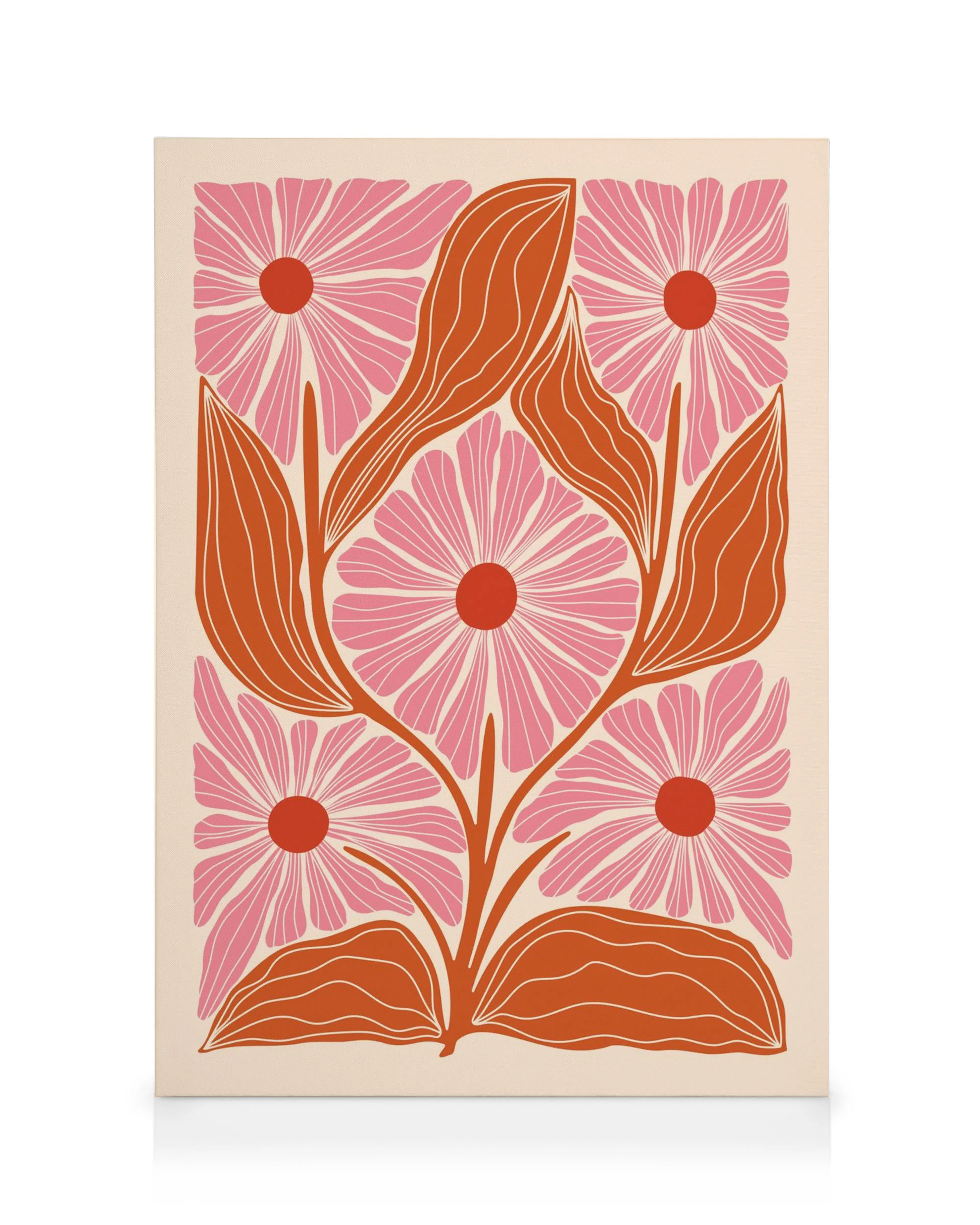 Toile de fleurs stylisées roses et feuilles brunes sur fond beige clair, typographie florale Rebecca Zwanzig