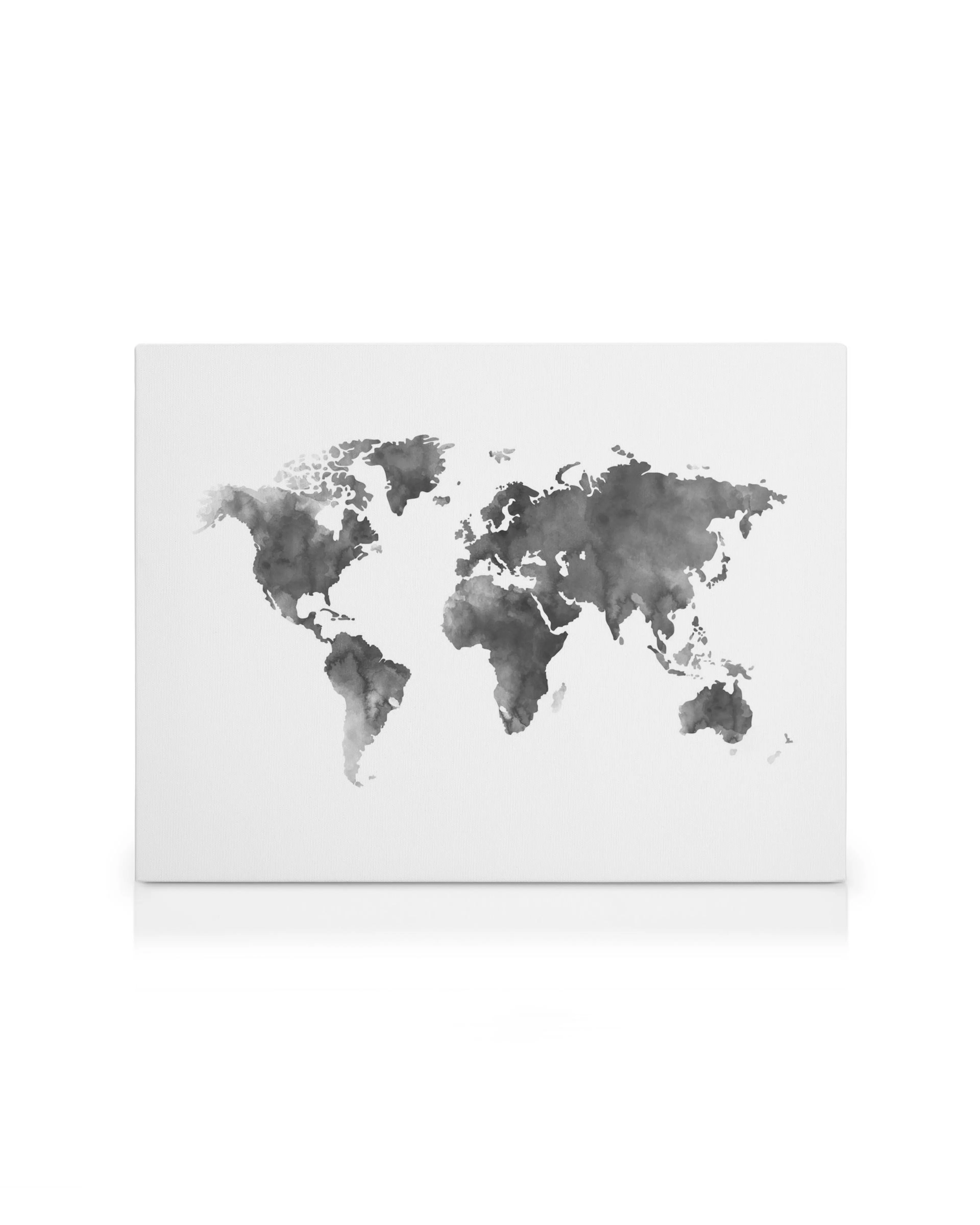 World map canvas print in grey watercolour style, minimalist wall art on a white background.