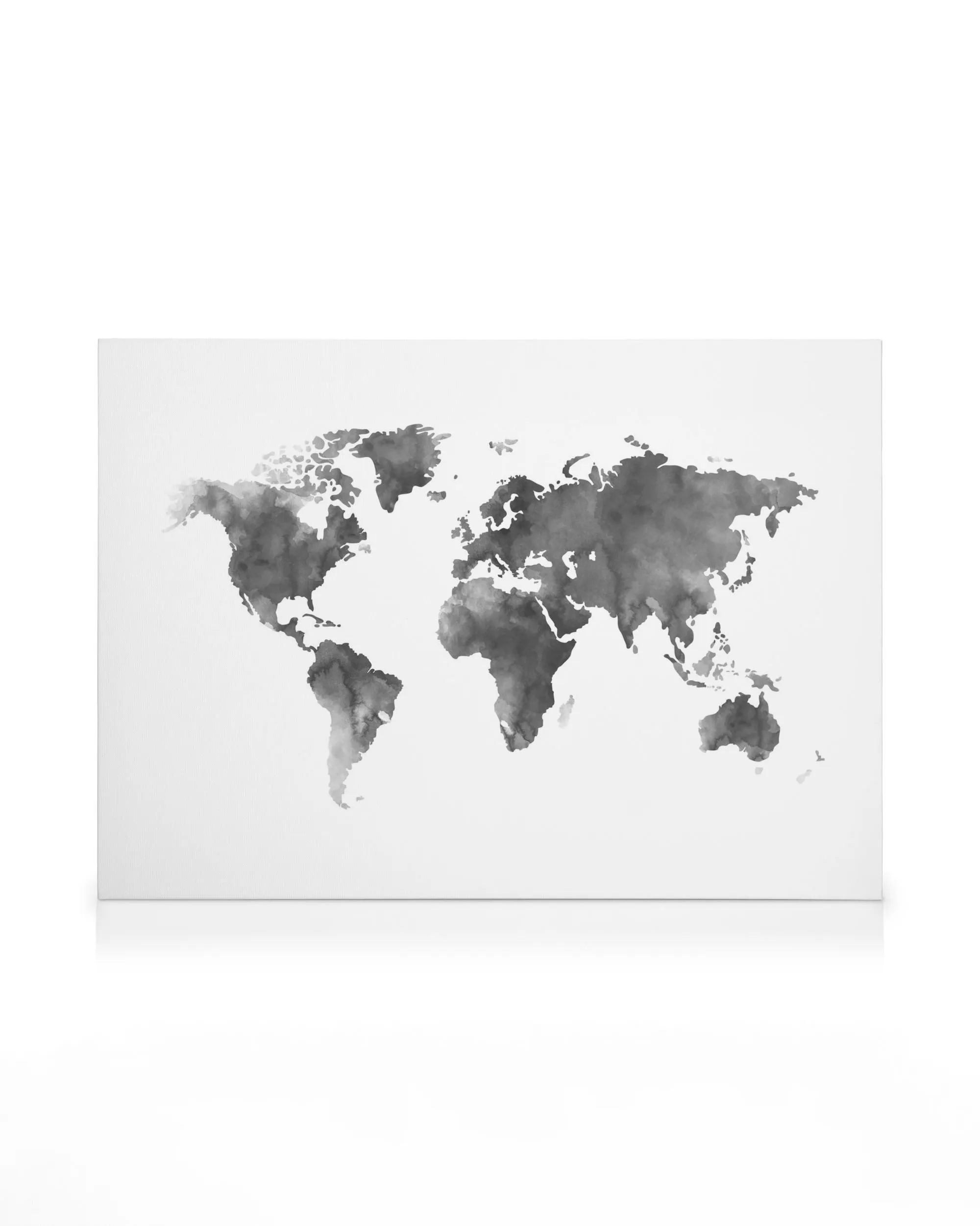 Gray watercolor world map on a white canvas print, minimalist design for home decor.