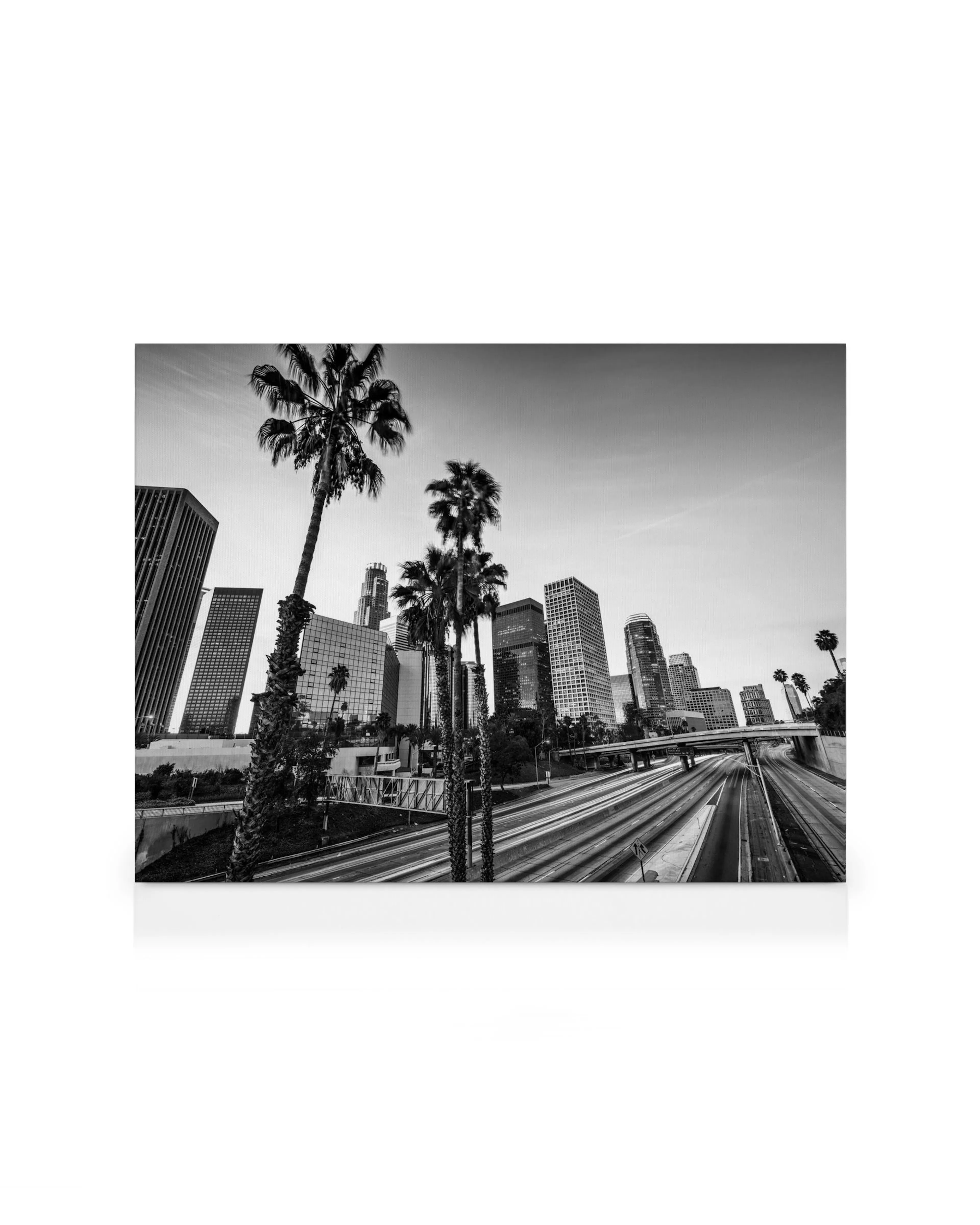 Black and white Los Angeles canvas print featuring downtown skyscrapers, palm trees, and a highway, reflecting a modern cityscap