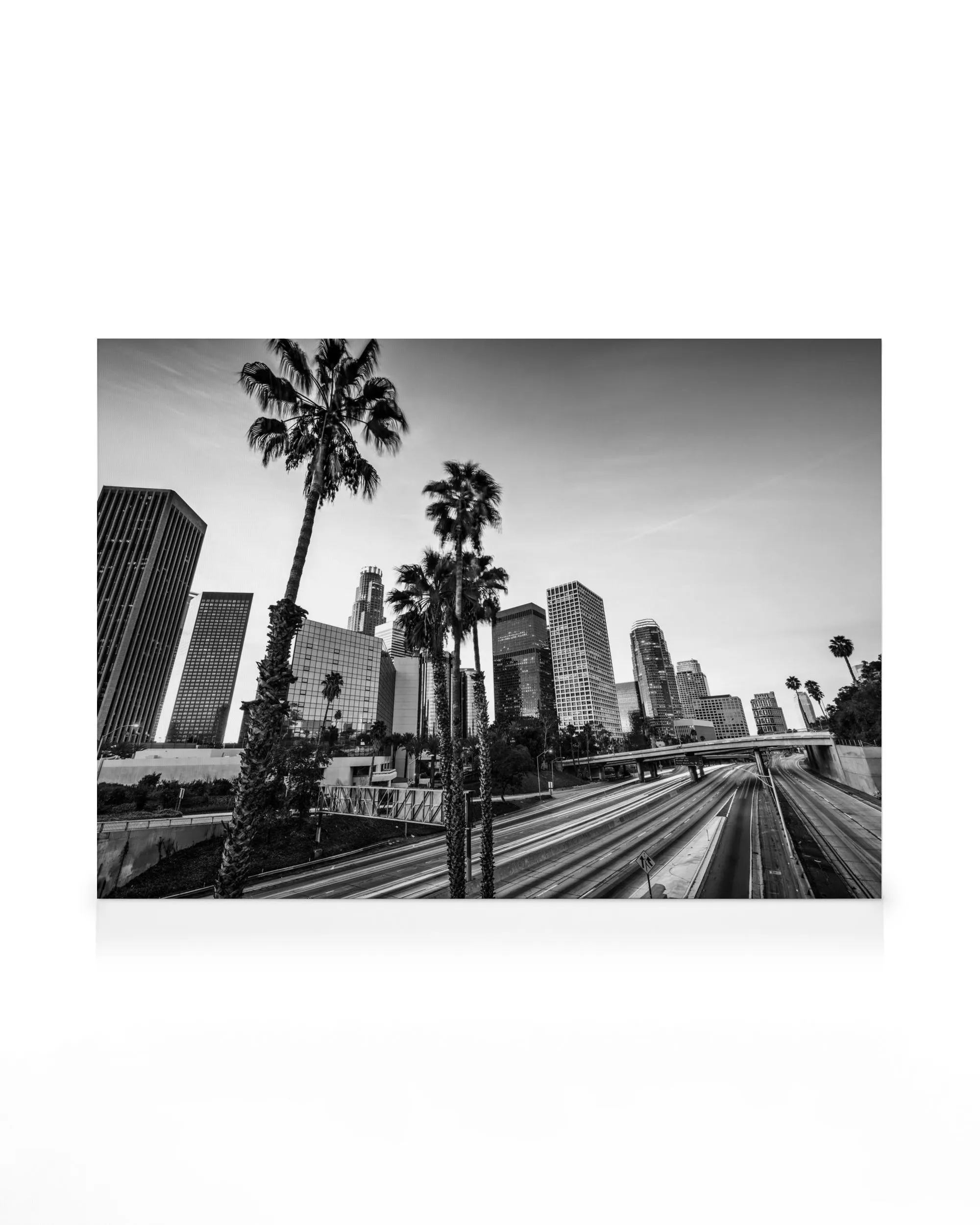 Black and white Los Angeles cityscape canvas print with palm trees, tall buildings, and blurred car lights on roads.
