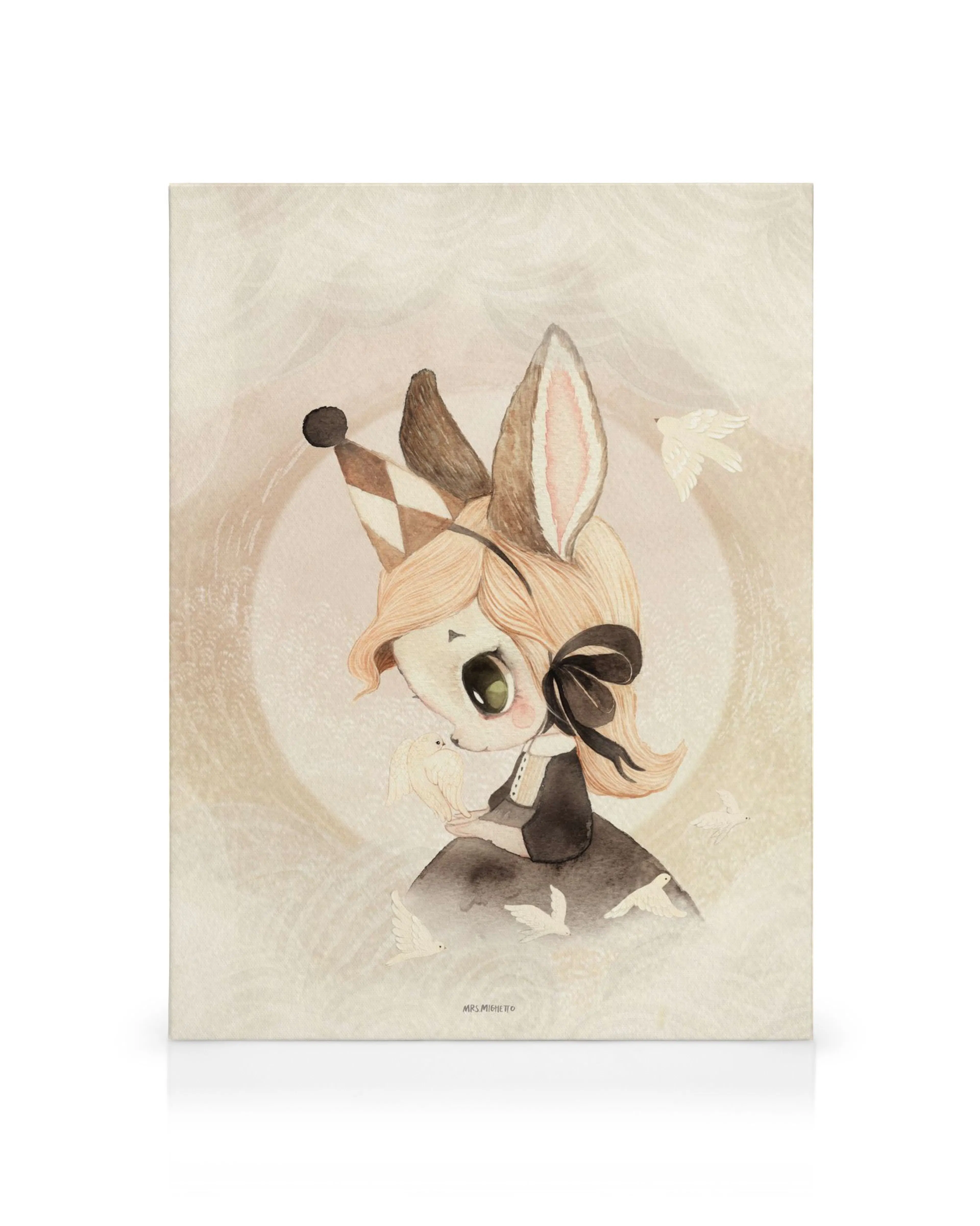 Canvas met illustratie van meisje met konijnenoren en feesthoed, omringd door witte vogels.