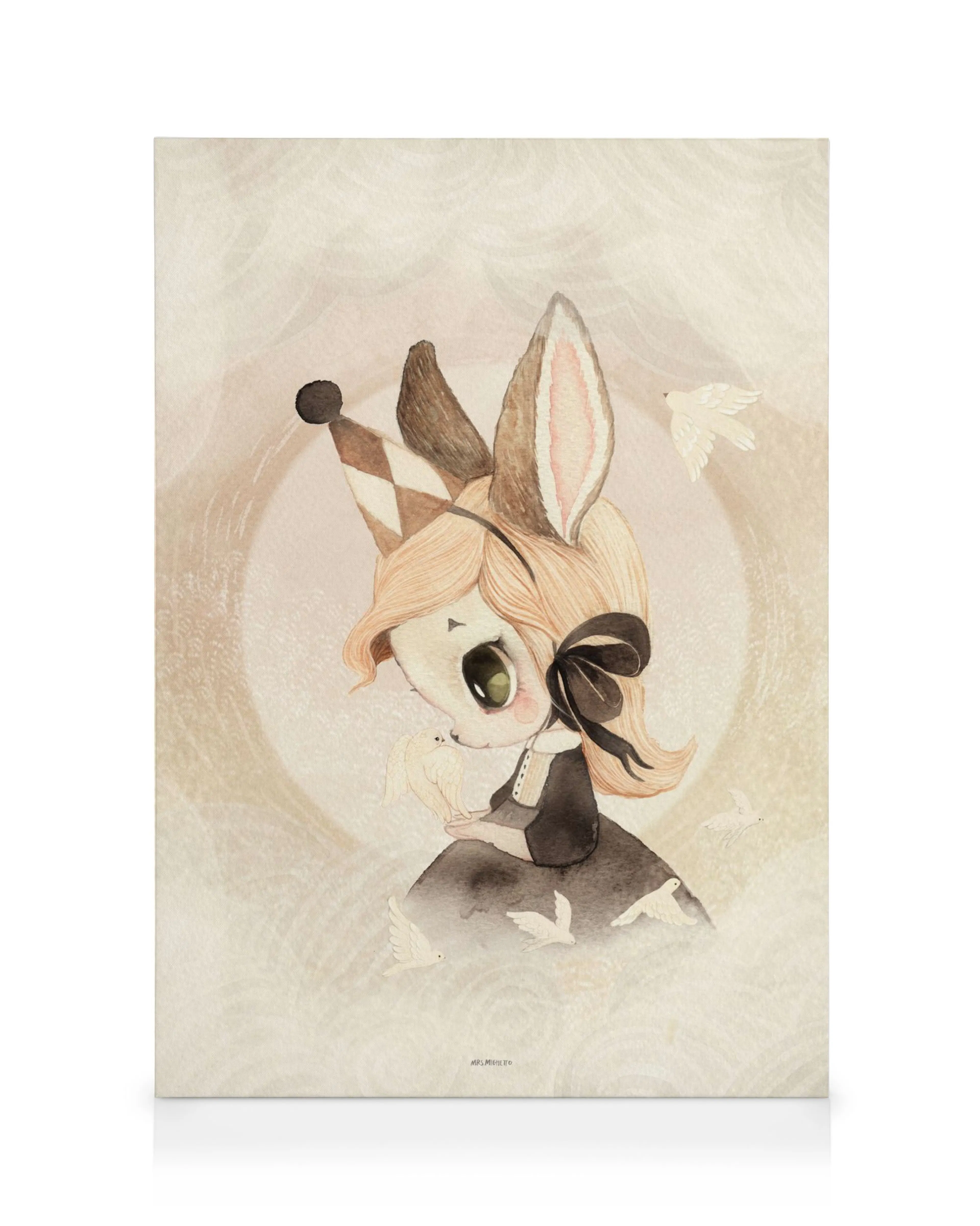Lienzo de Miss Saga, ilustración de niña con orejas de conejo, sombrero de fiesta y atuendo blanco y negro, sobre fondo beige co