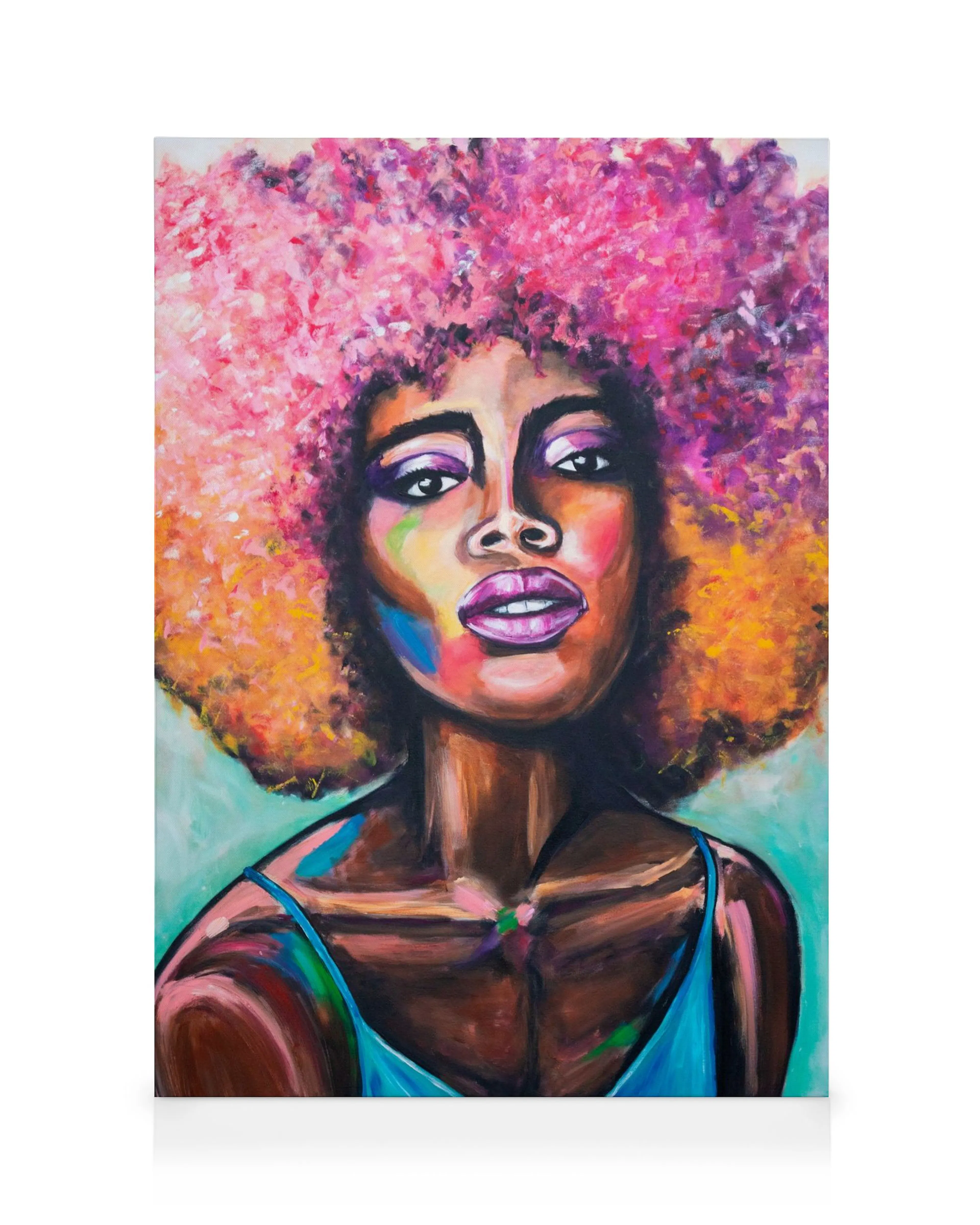 Sofia Larssons Soul Girl canvas print; vibrant portrait of a woman with pink and orange afro, colorful face paint, and blue top.