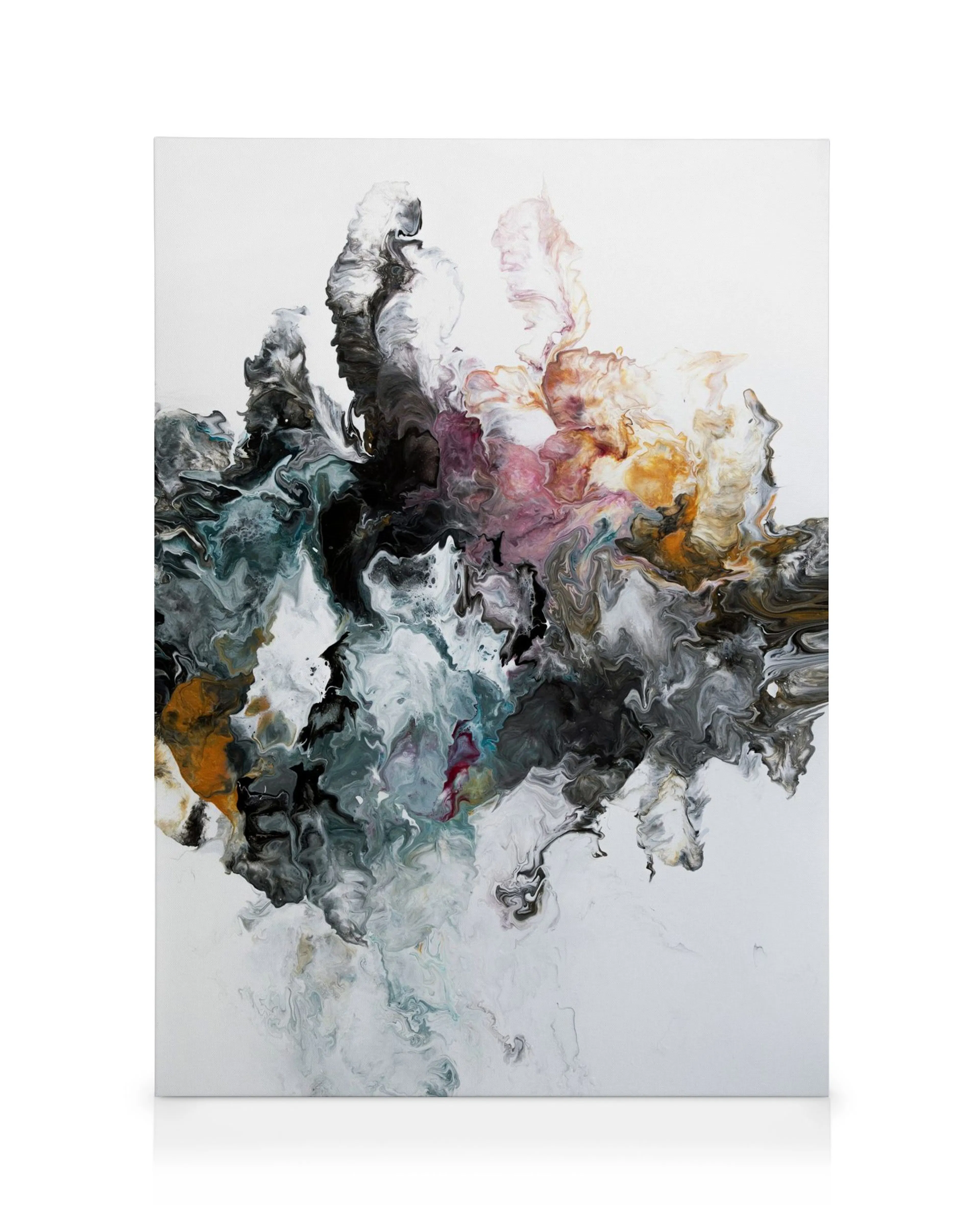 Sofia Larsson Leinwandbild: Wirbelnde graue, schwarze, rosa und goldene Farbwolken auf weißem Hintergrund.