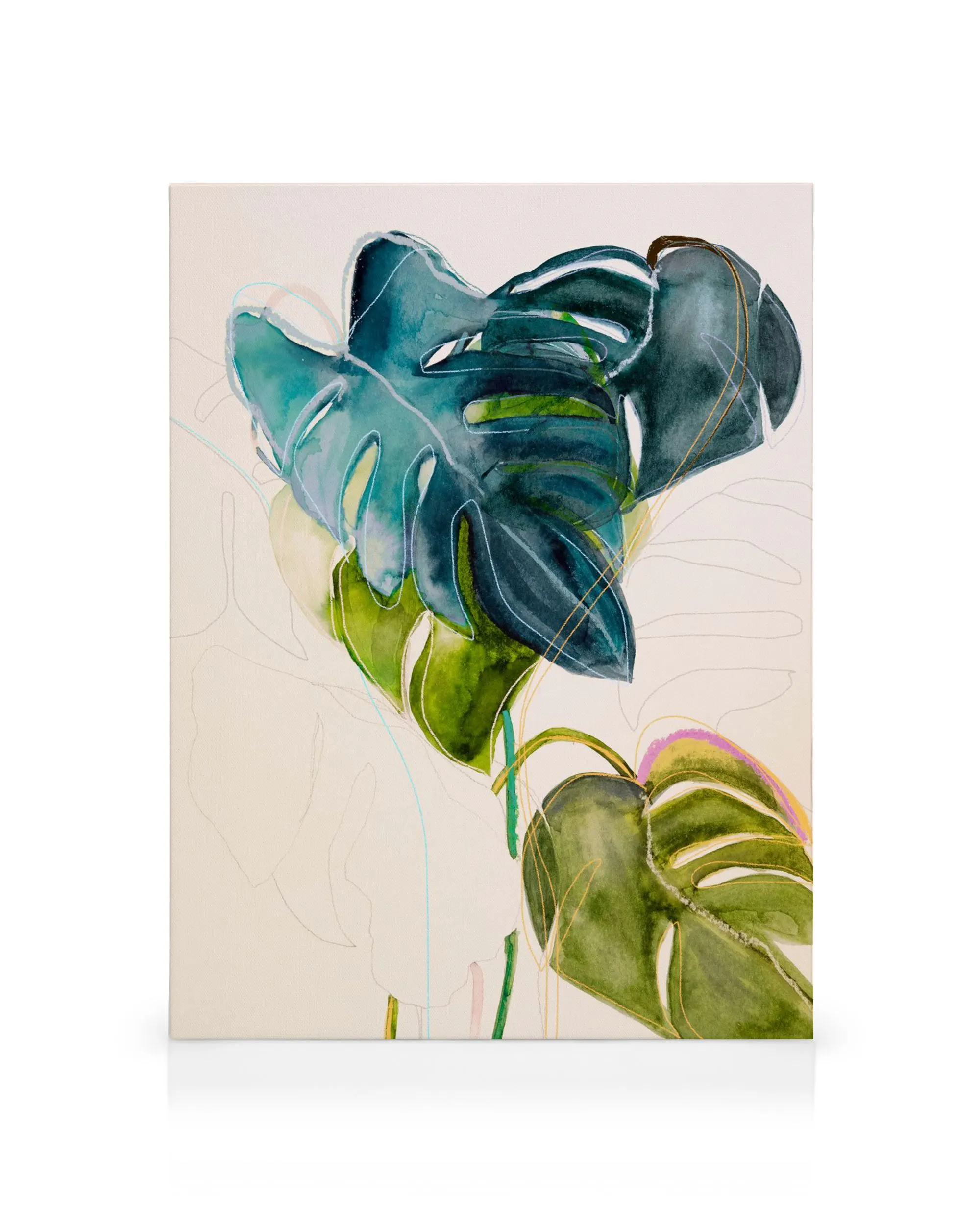 Leigh Viner Blue Monstera Leinwandbild mit abstrakten grünen und blauen Monstera-Blättern, goldene Akzente
