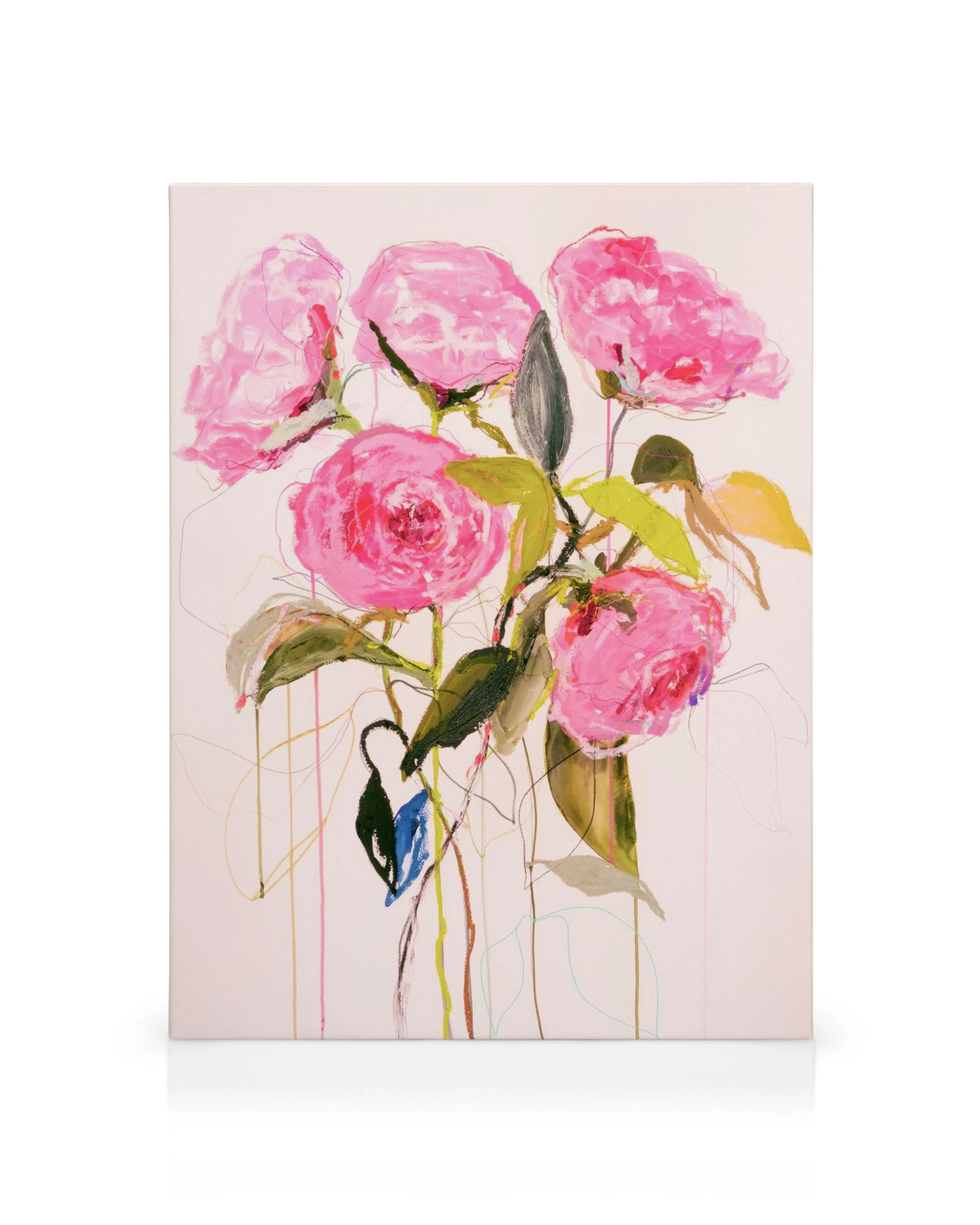 Leigh Viners Magenta Roses canvas print featuring five pink flowers with green leaves and expressive lines.