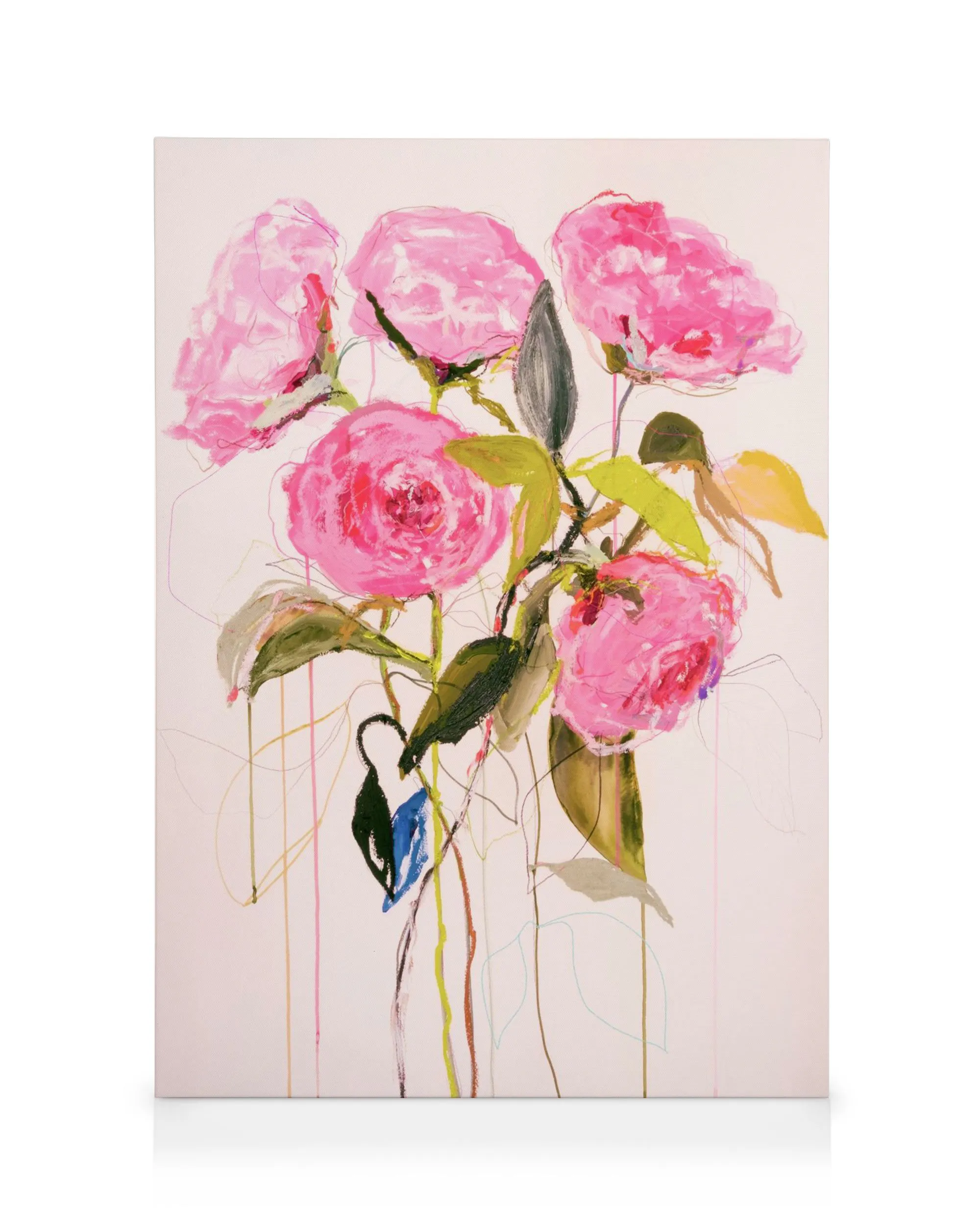 Leinwandbild von Leigh Viner mit abstrakten, magenta Rosen und grünen Blättern in lebendigen Pinselstrichen auf hellem Hintergru
