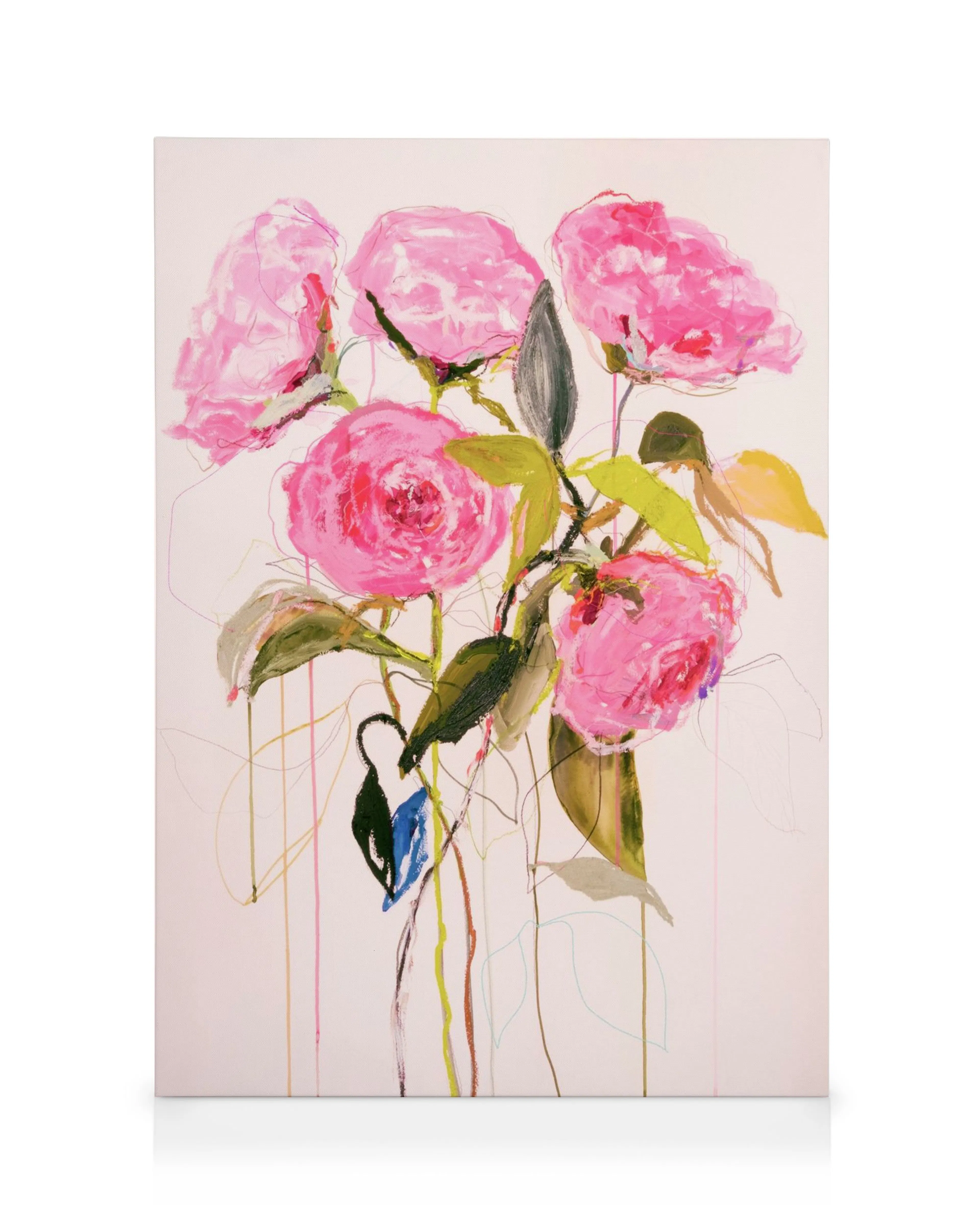 Leinwandbild von Leigh Viner mit abstrakten, magenta Rosen und grünen Blättern in lebendigen Pinselstrichen auf hellem Hintergru