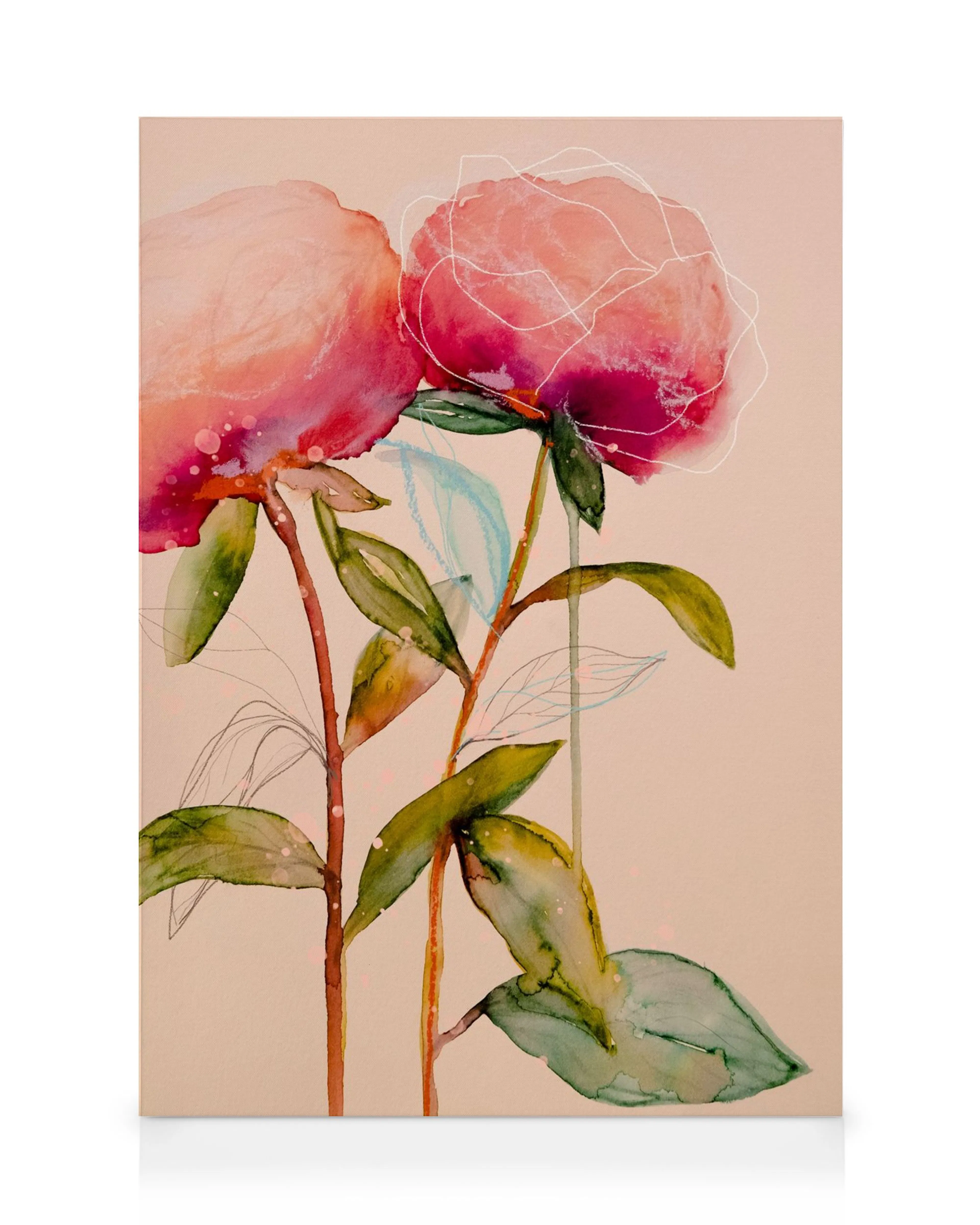Akvarel af lyserøde pæoner med grønne blade på beige baggrund, Leigh Viner kunstprint på lærred.