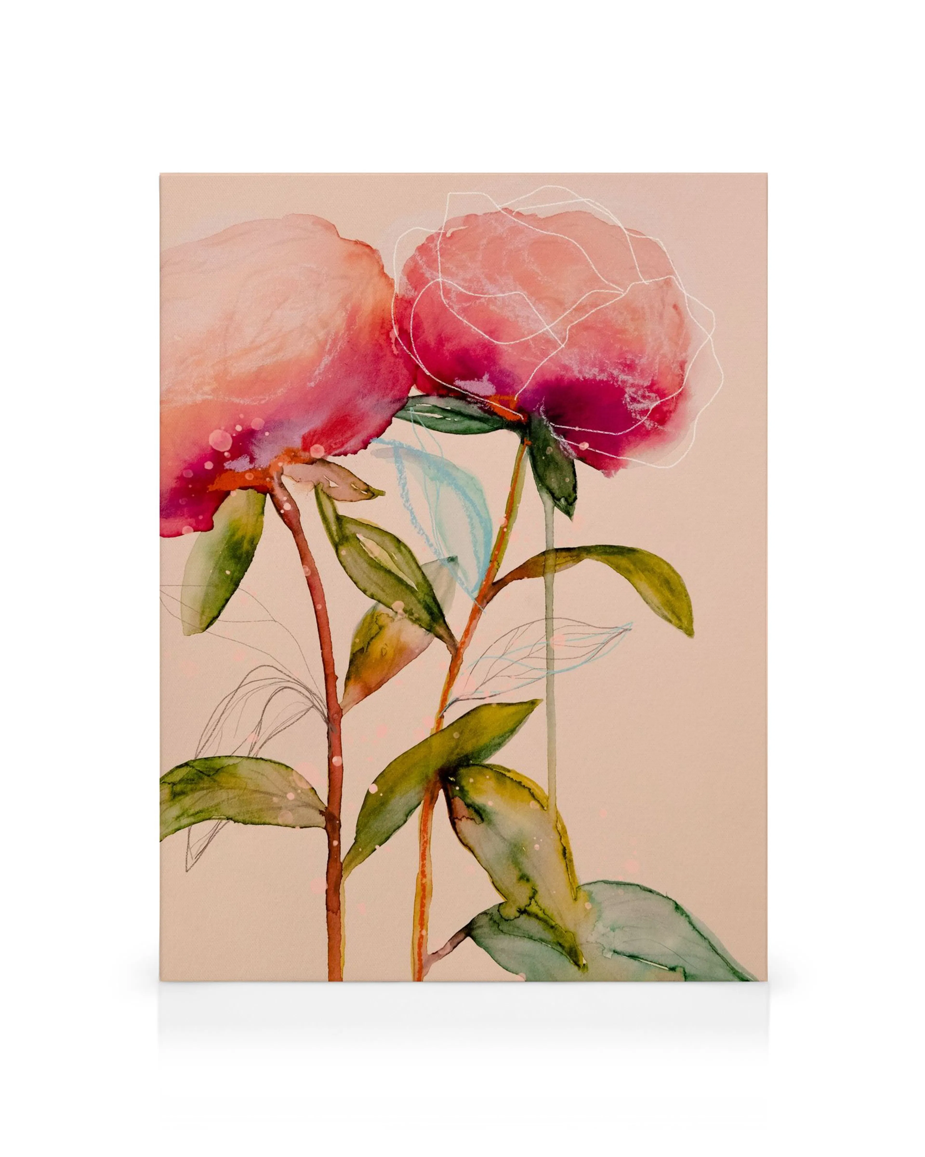 Watercolor canvas print of pink peonies with green leaves on a beige background, featuring subtle line art.
