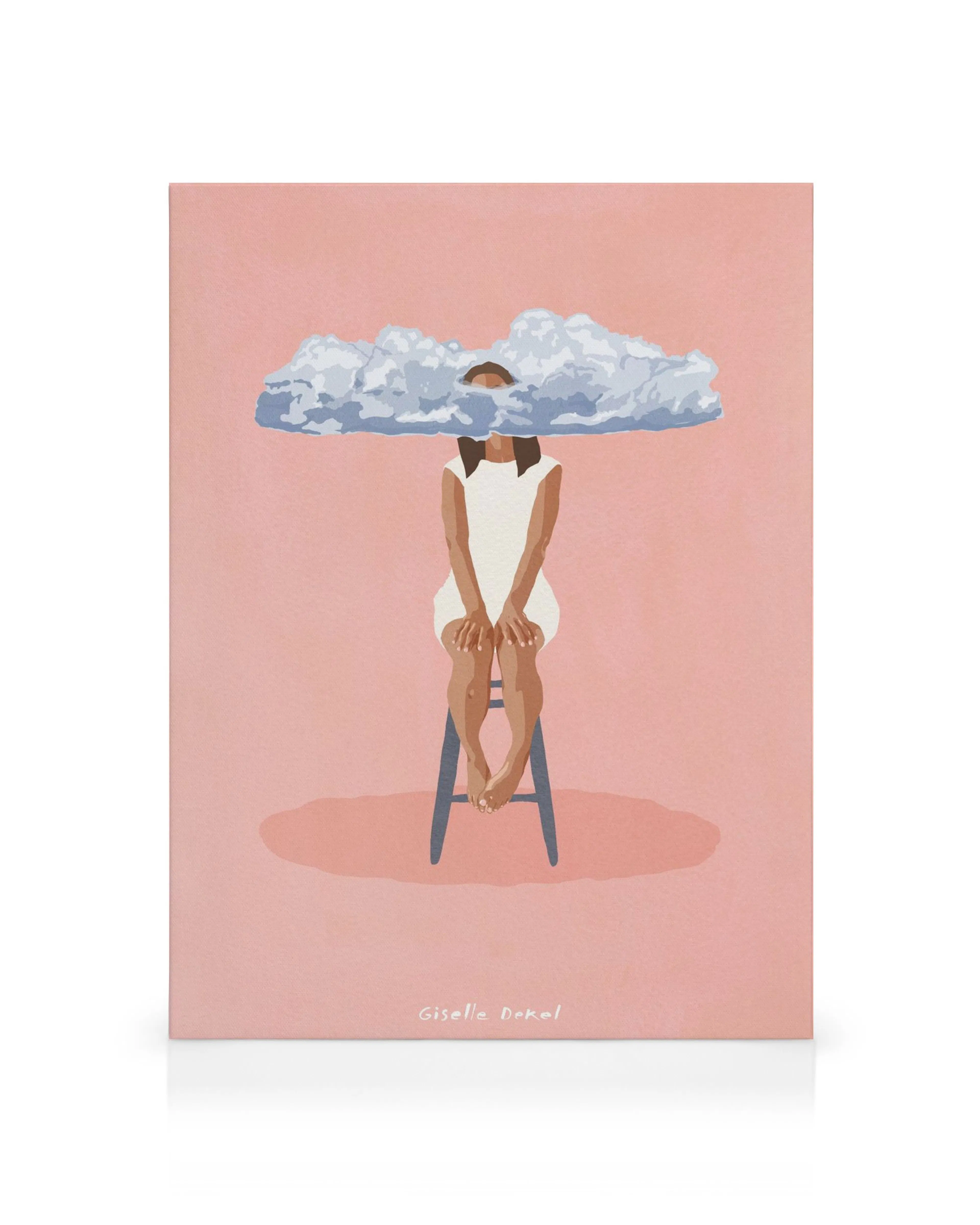 Pintura em tela de Giselle Dekel: figura sentada com nuvem na cabeça, fundo rosa, estilo artístico simples