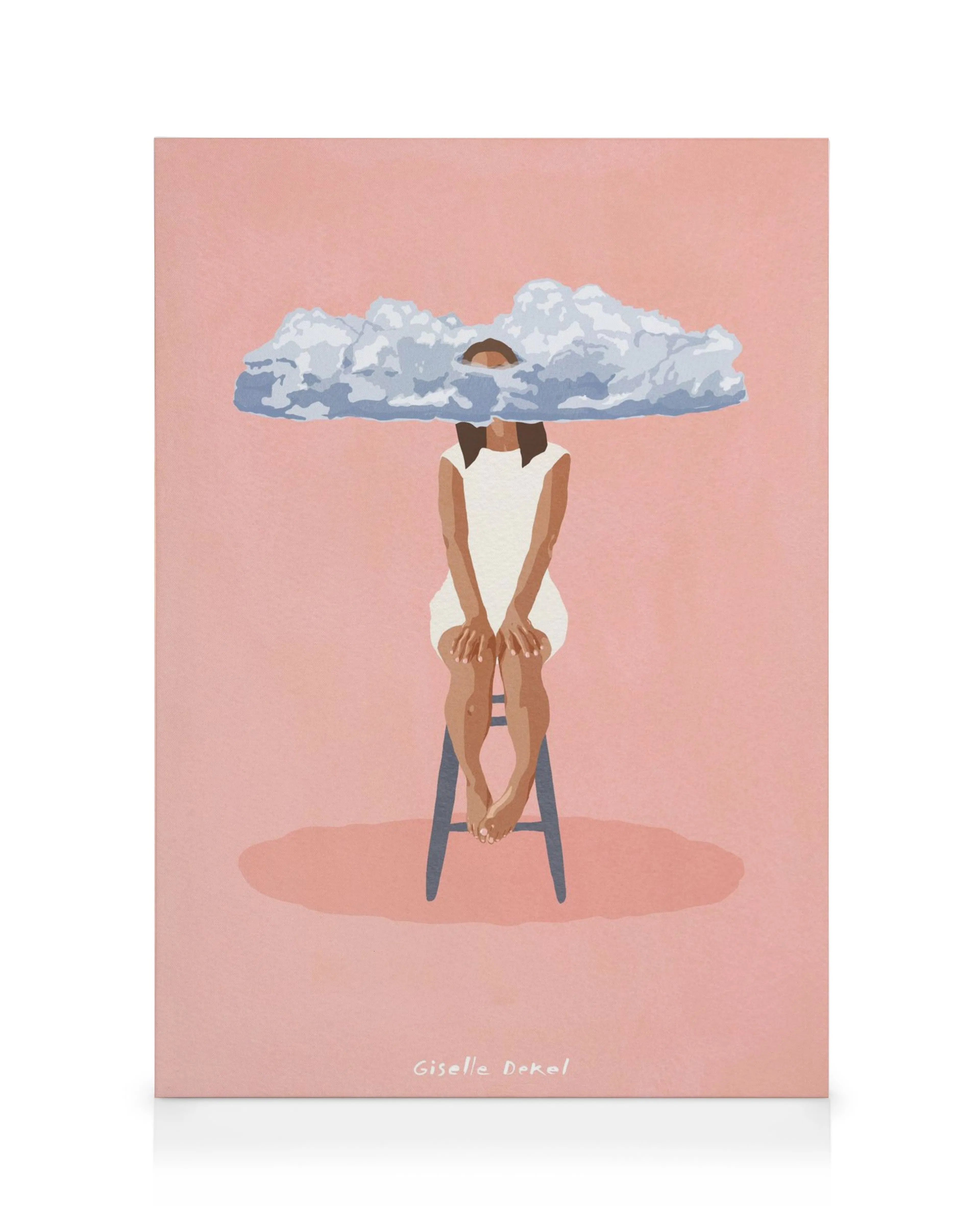 Giselle Dekel Pink Meditation canvas print: a woman in a white dress sits on a stool with a cloud covering her head.