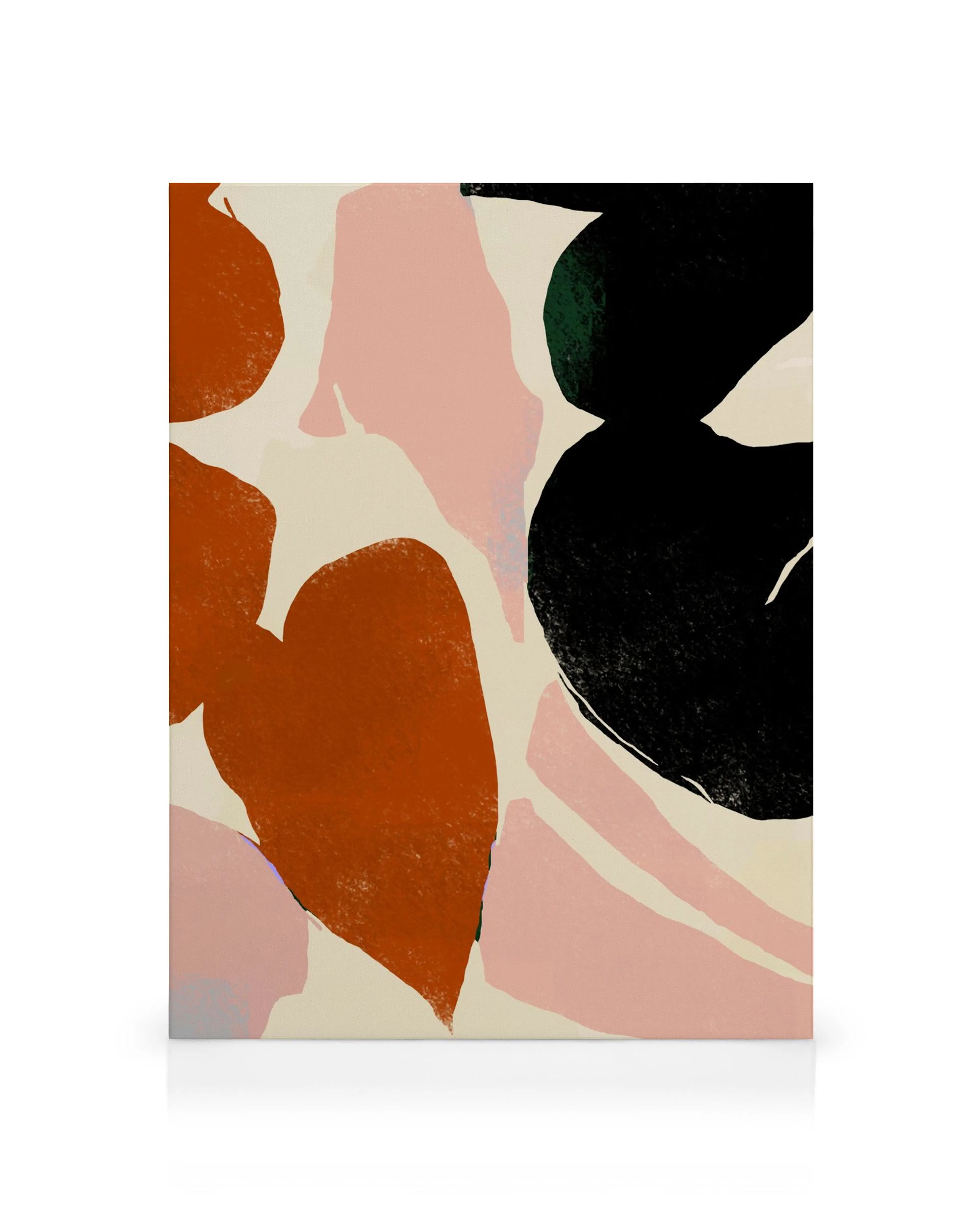 Toile abstraite avec formes organiques noires, rouge rouille et roses sur fond beige pour un art abstrait moderne