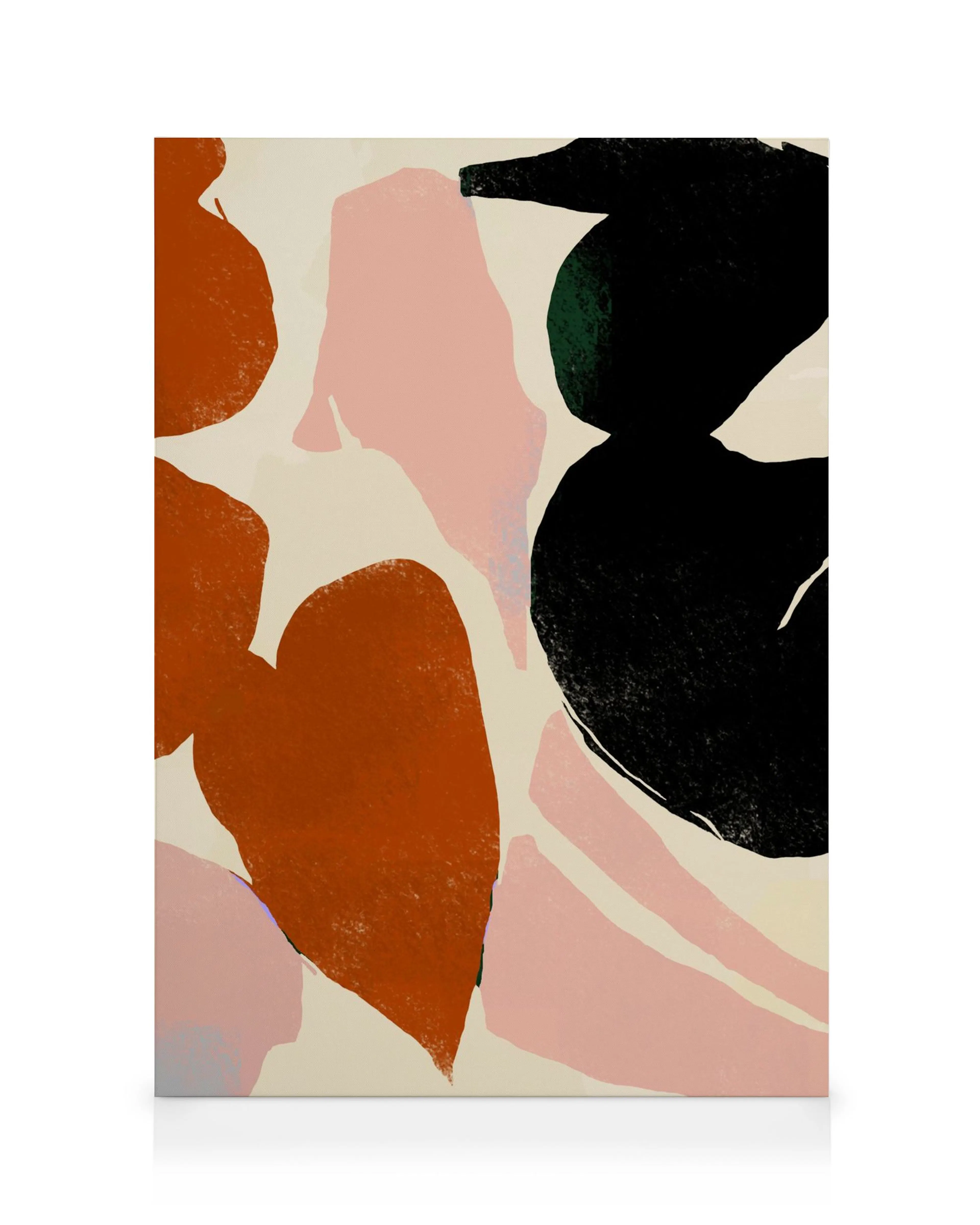 Abstract shapes in black, red, and pink on a textured light background, modern art canvas print
