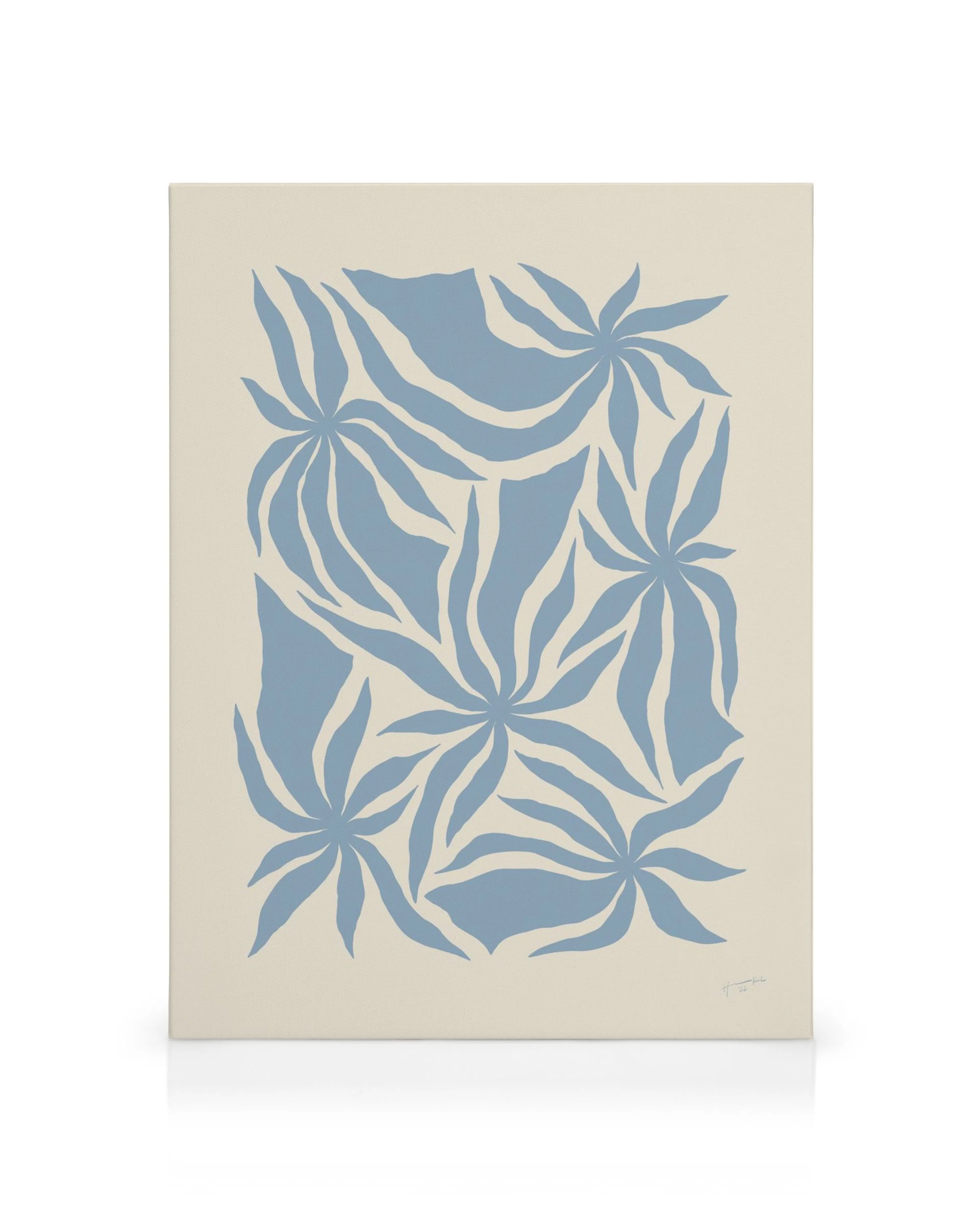 Toile abstraite avec des motifs floraux bleus sur fond beige, style typographie