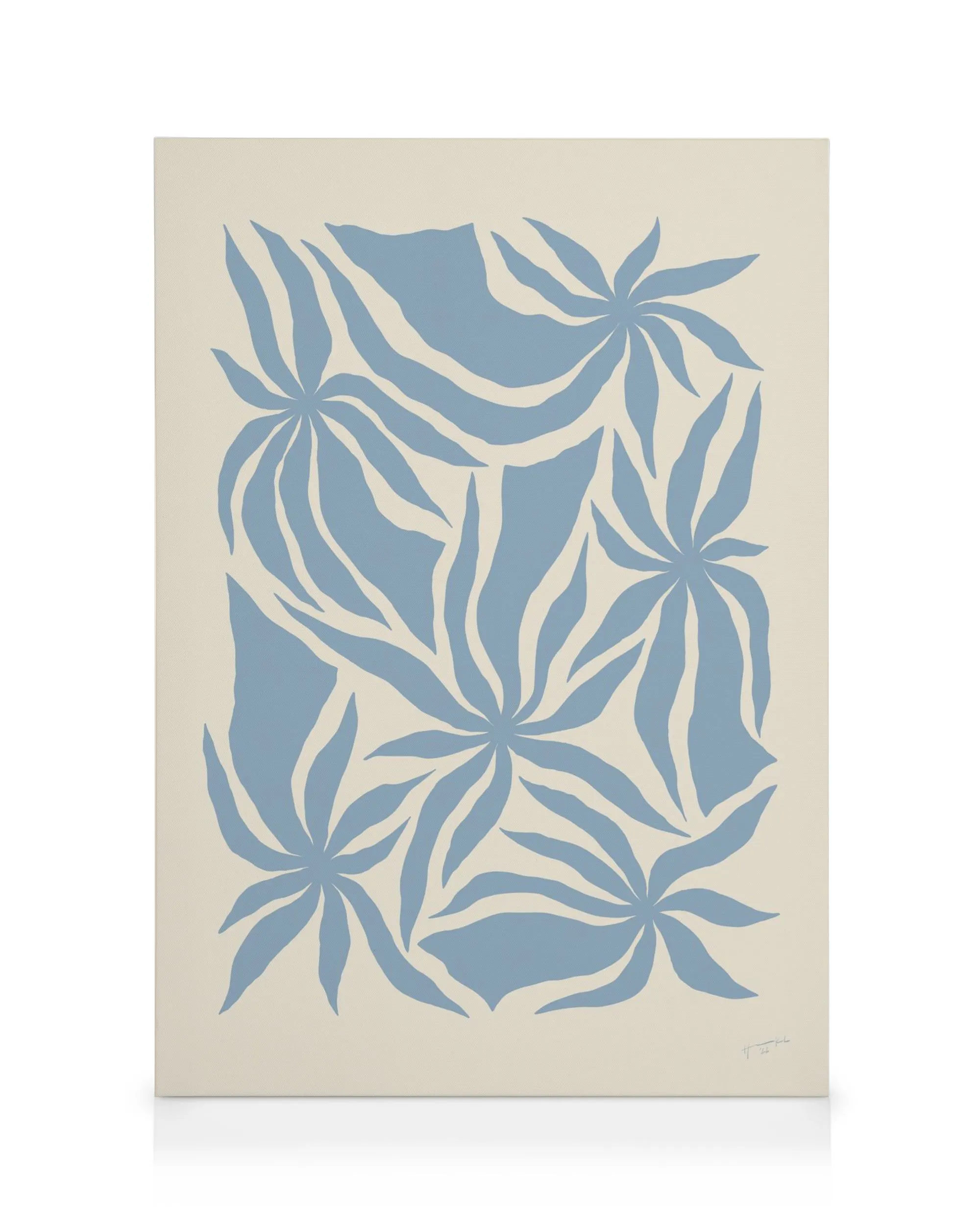 Leinwandbild mit blauen, achtblättrigen Blumen auf cremefarbenem Hintergrund, minimalistisches Design