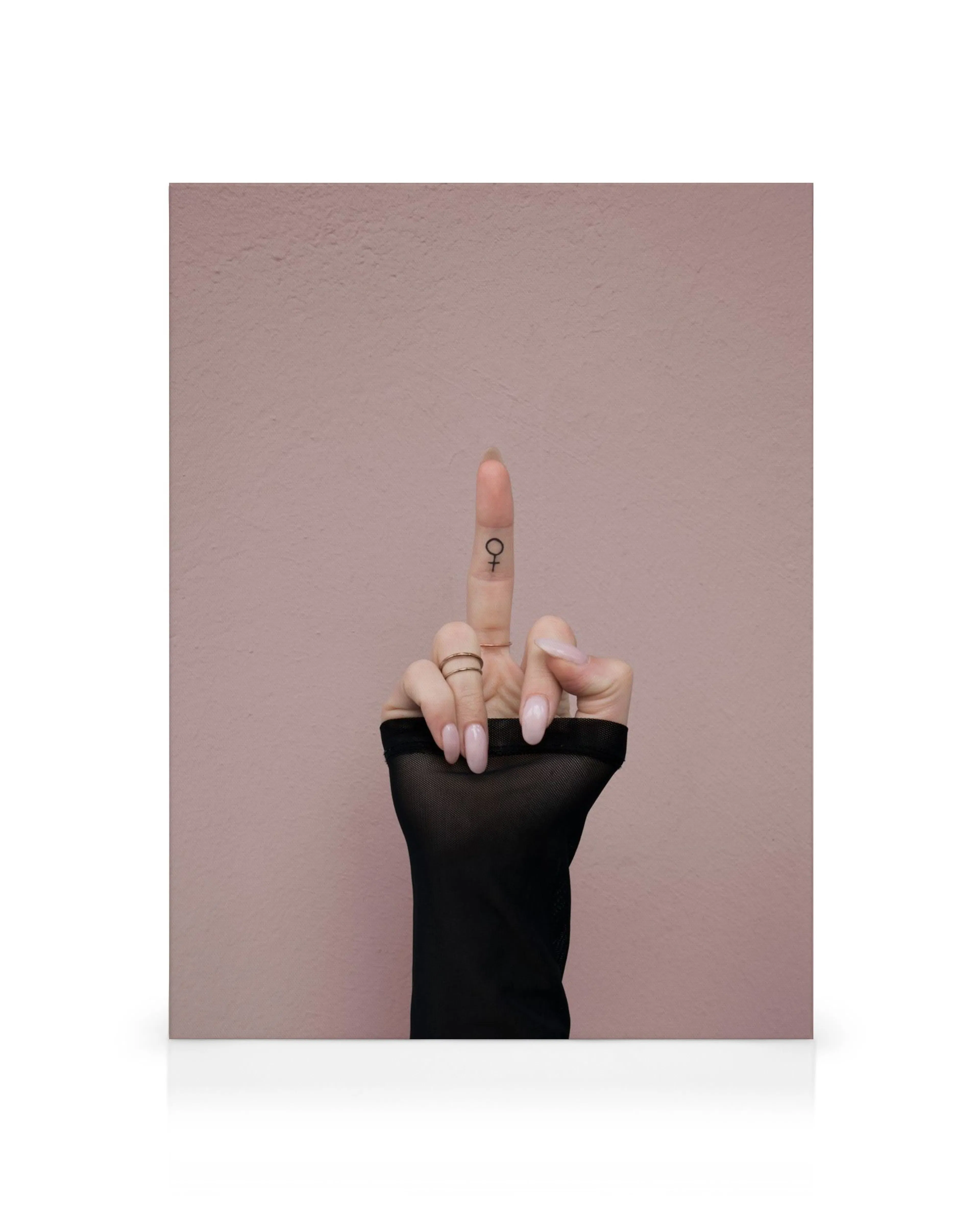 Fingers showing middle finger with a female symbol on a pink background canvas print