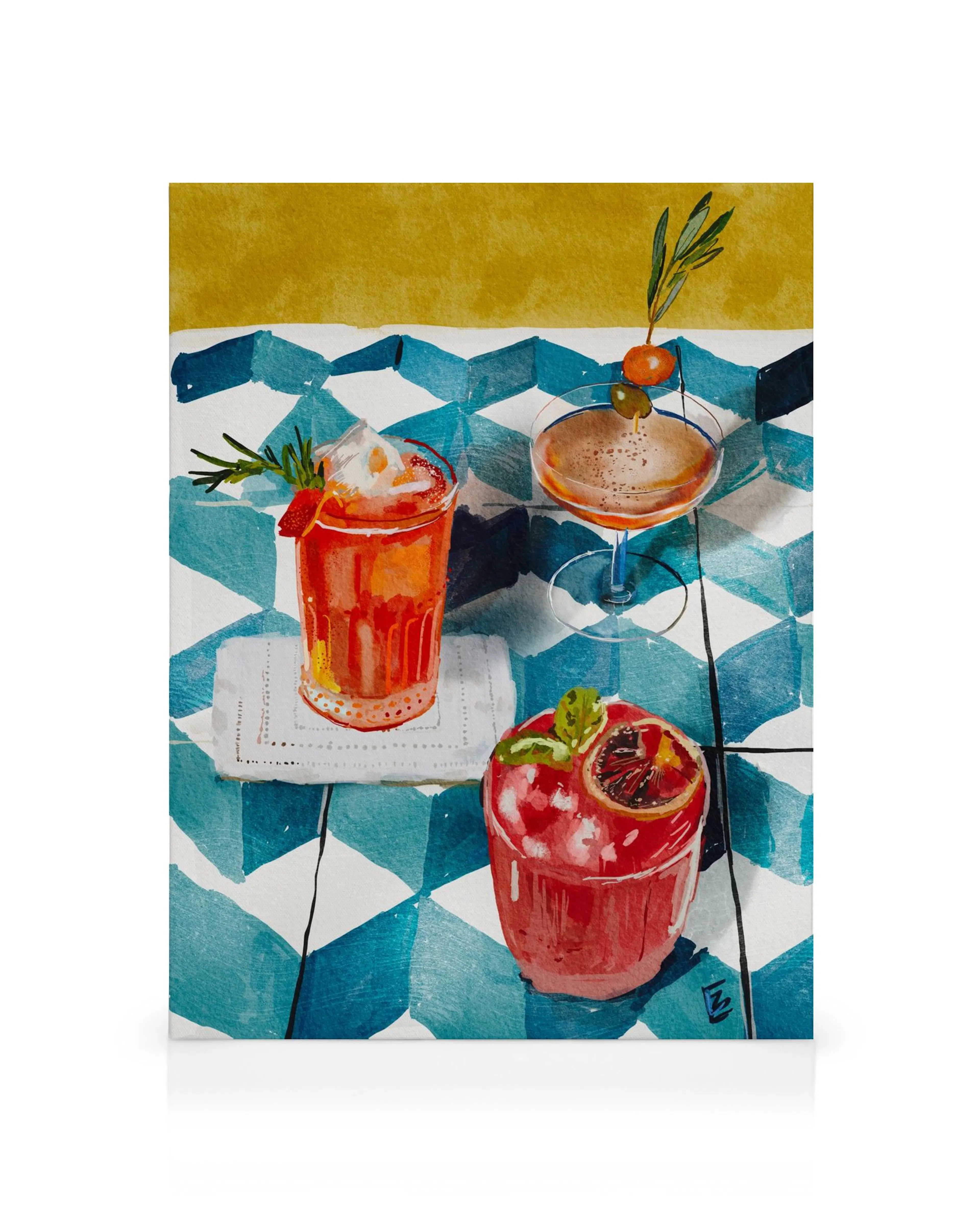 Ekaterina Zagorska Aperitivo canvas print, featuring three vibrant cocktails on a blue and white checkered table with a yellow b