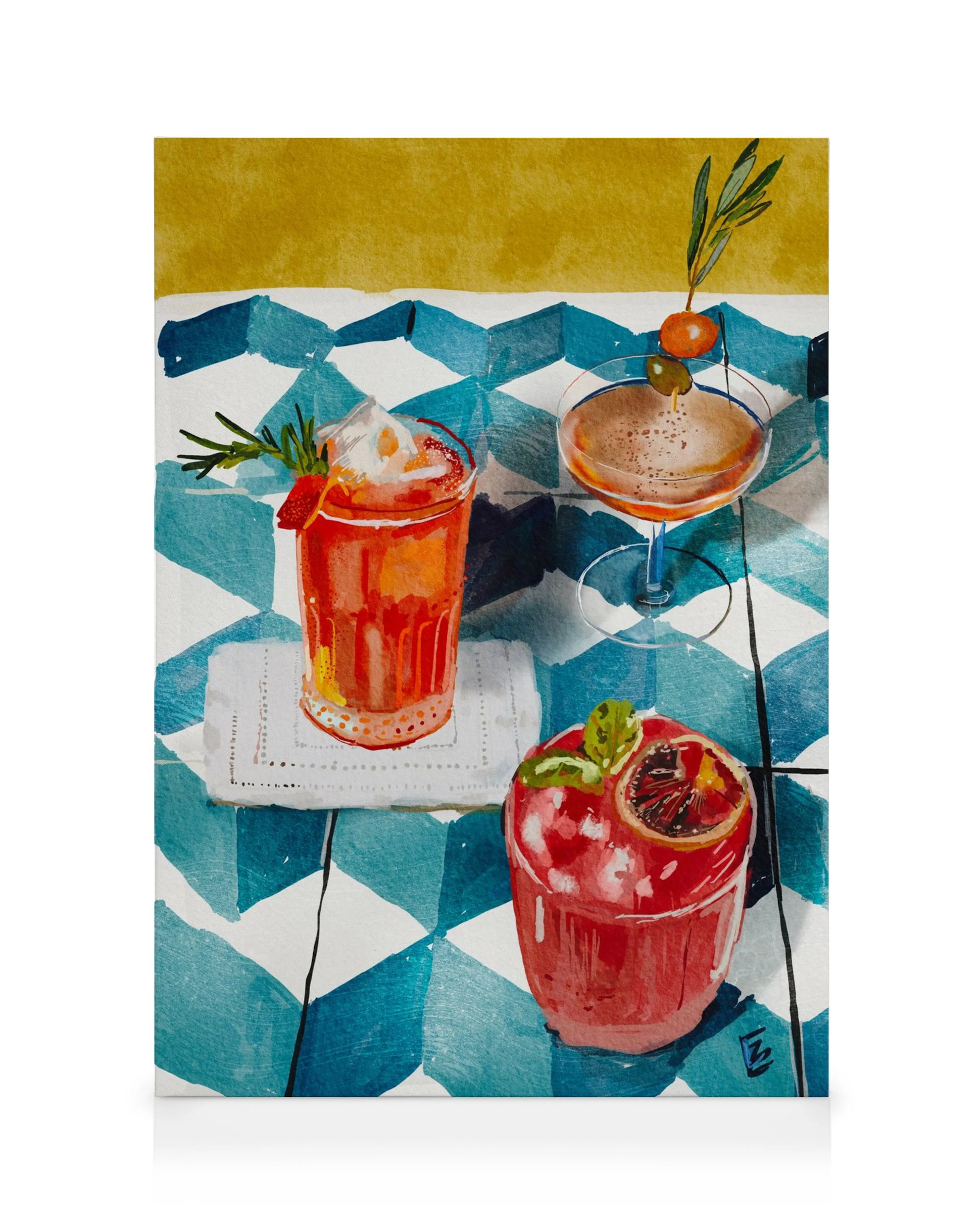 Watercolor painting depicting three colorful aperitivo drinks on a blue and white checkered table with a golden background.