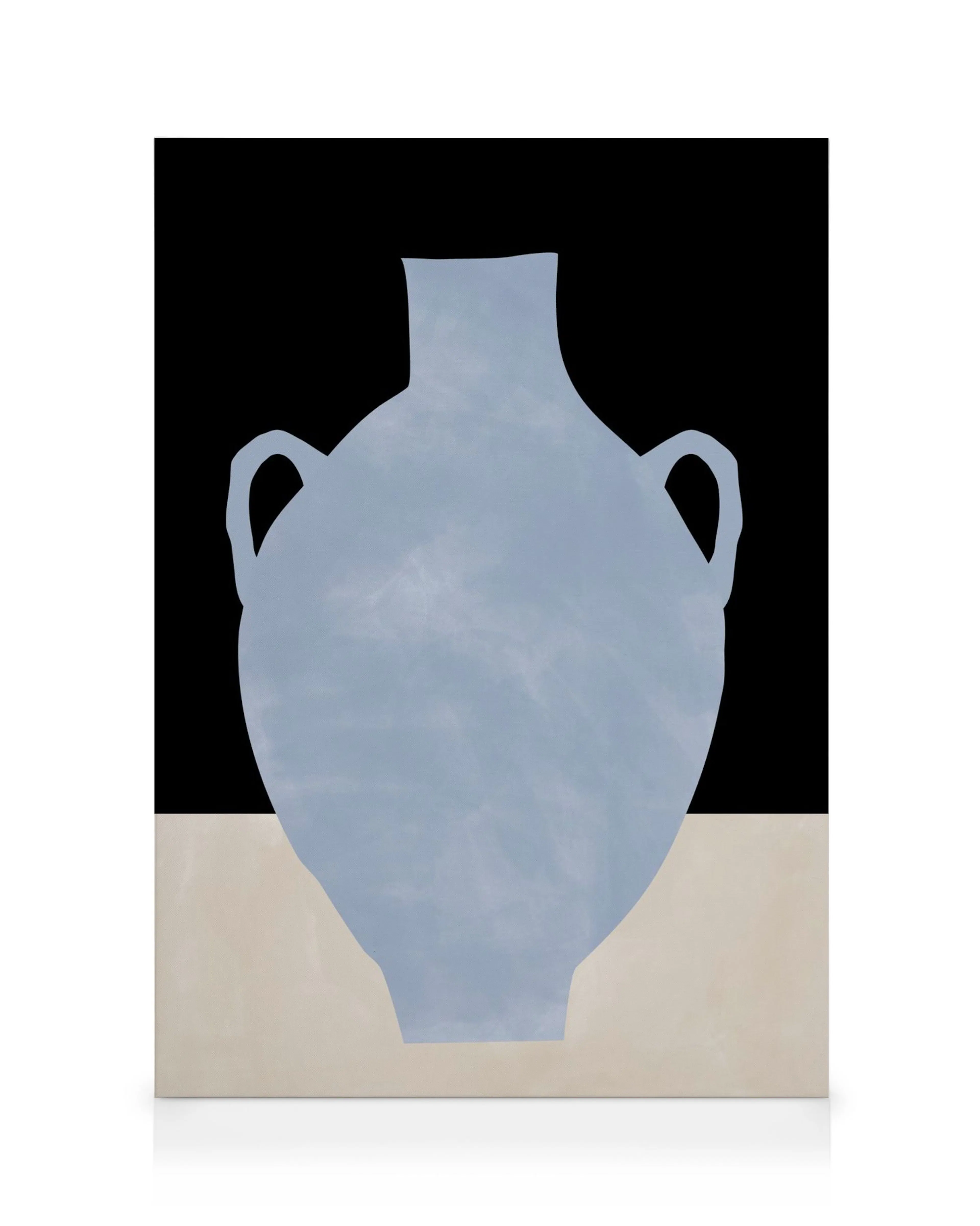 Blue still life canvas print featuring a gray-blue amphora vase on a beige surface with a black background.