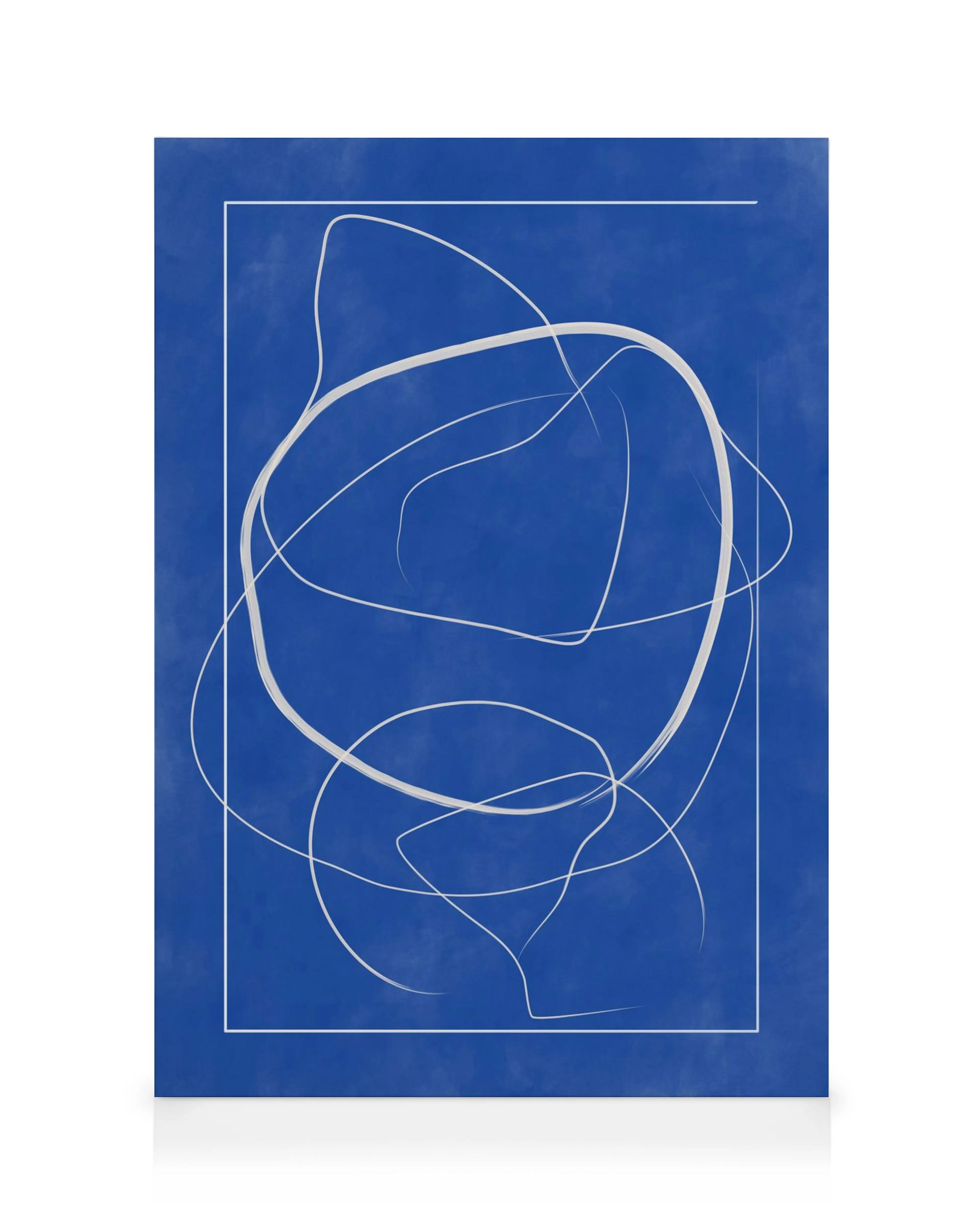Toile abstraite bleue avec des gribouillis blancs et de fines lignes blanches pour une décoration murale moderne