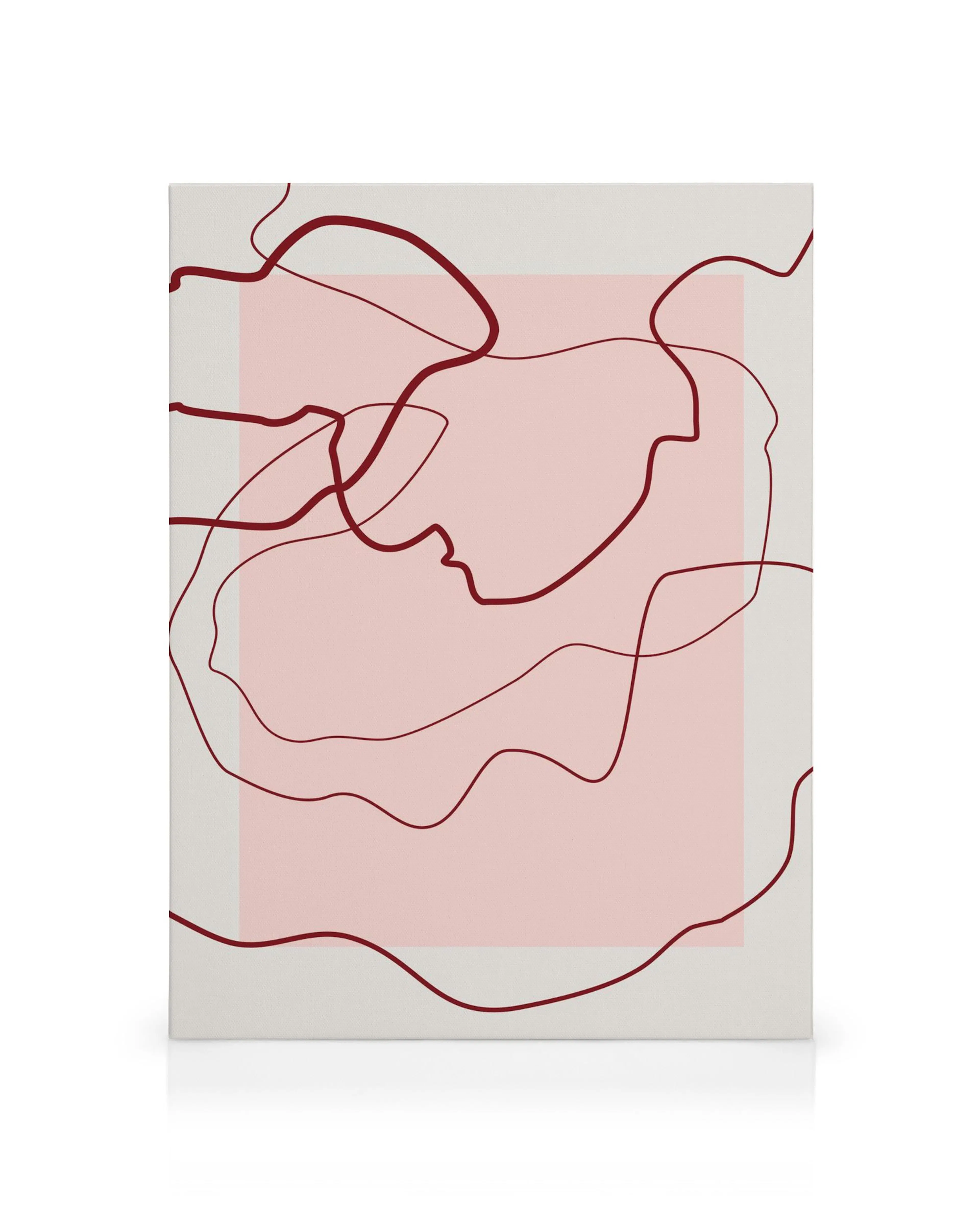 Toile abstraite avec des lignes rouges incurvées sur fond rose clair, art géométrique moderne.