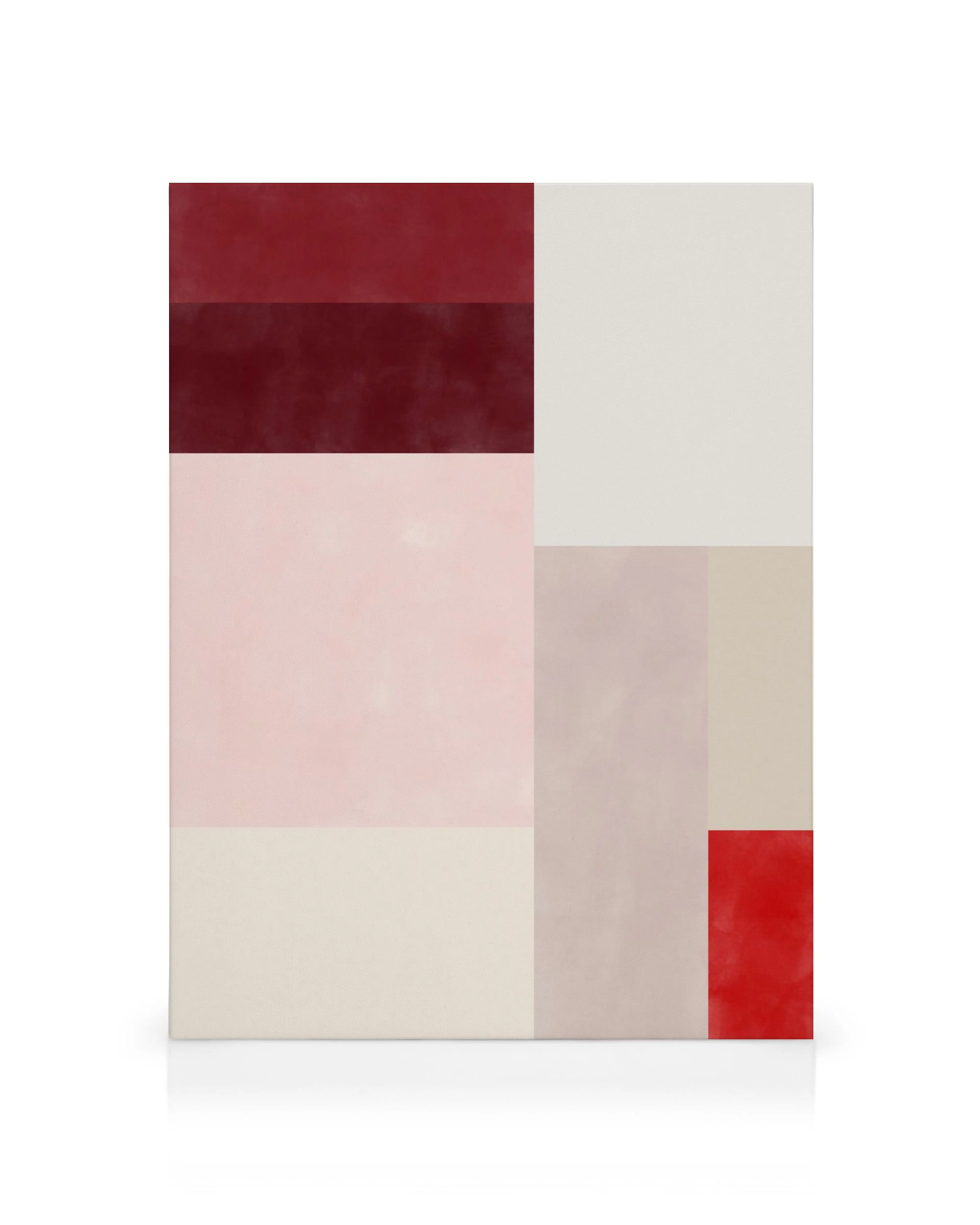 Toile abstraite moderne avec des blocs de couleur rouge, rose, blanc et beige et des textures de coups de pinceau.