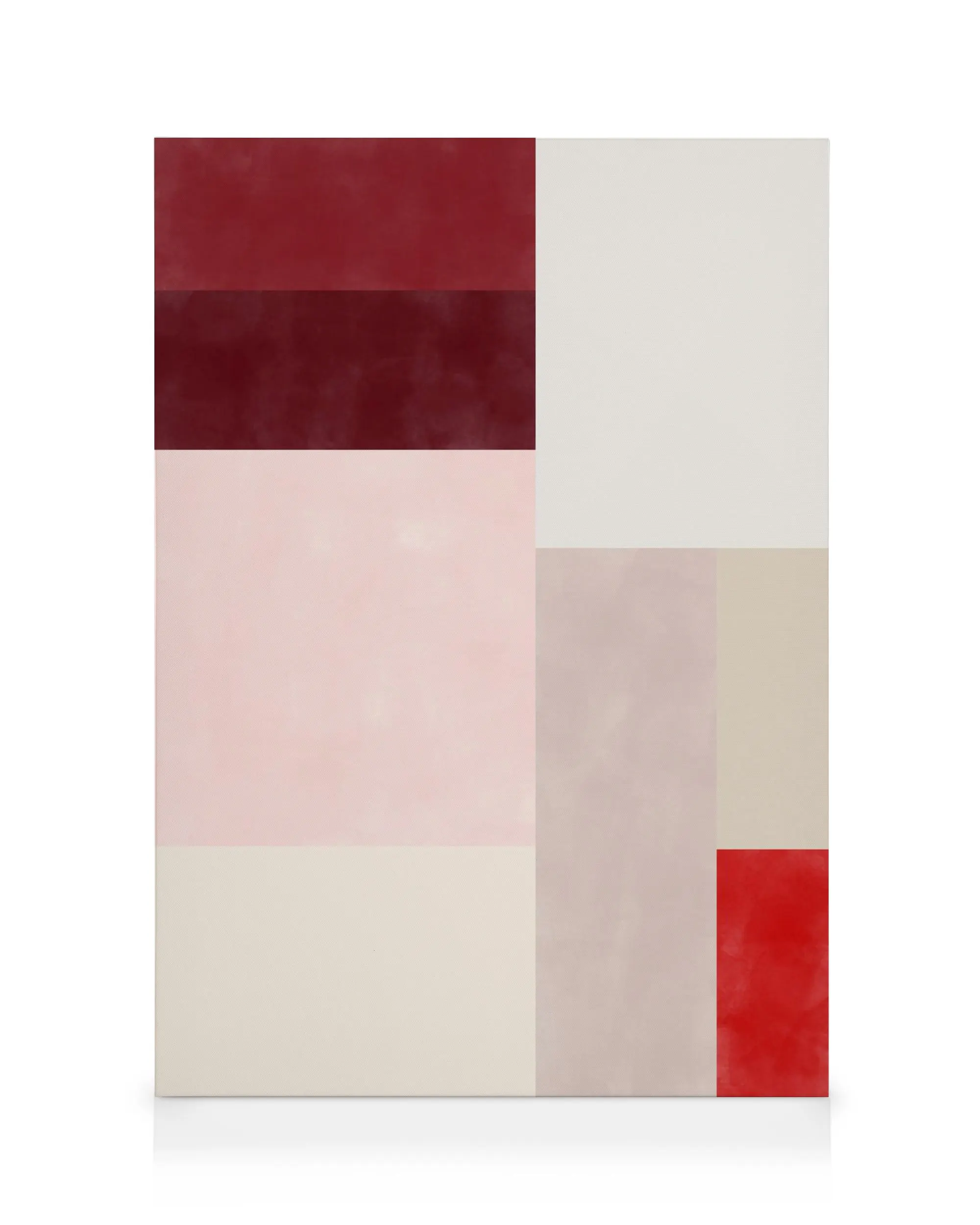 Stampa su tela con blocchi di colore rosso, rosa e beige, rettangoli sovrapposti a effetto pennellata per arte da parete.