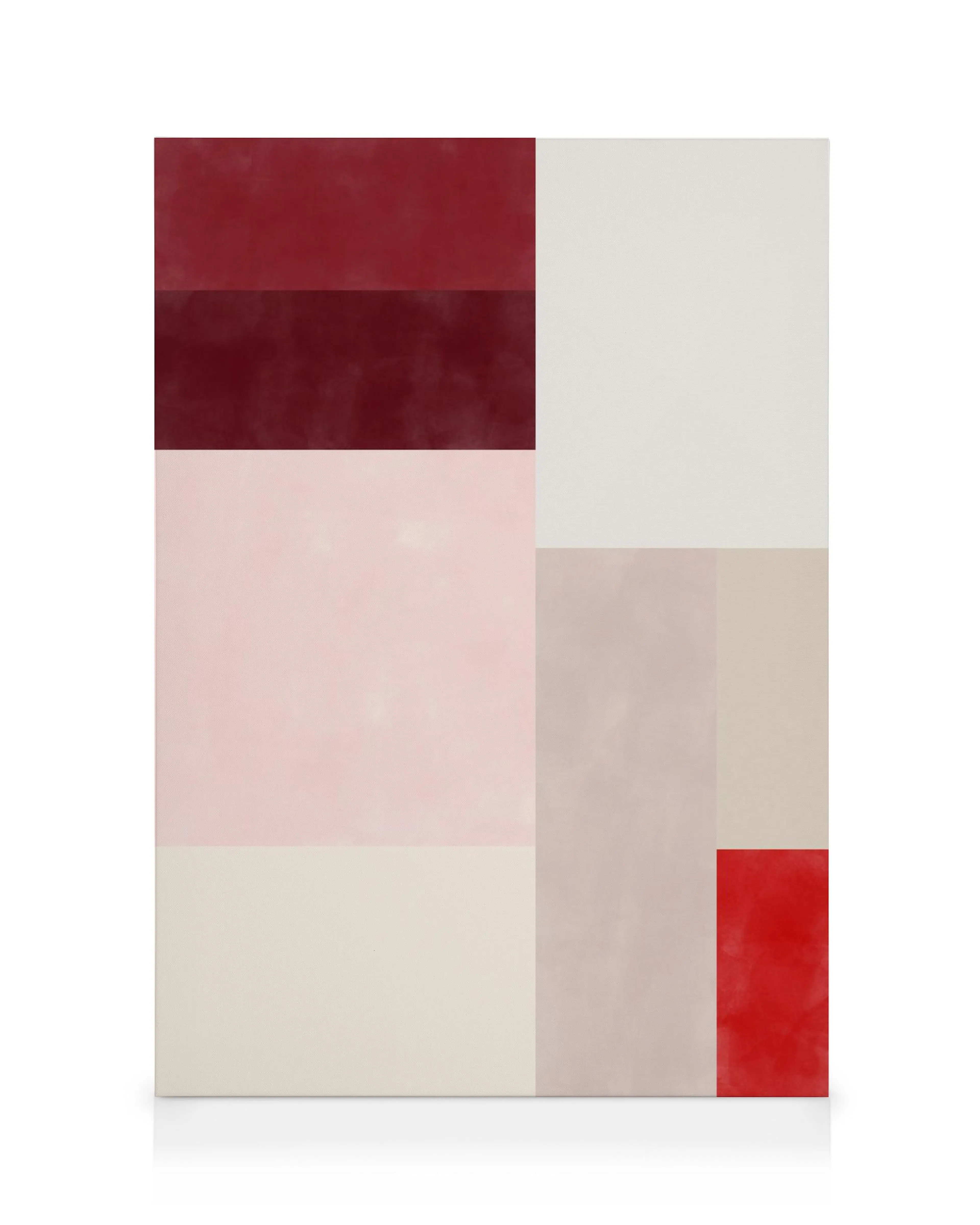 Lærred med farveblokke i rød, pink og beige nuancer, moderne kunst.