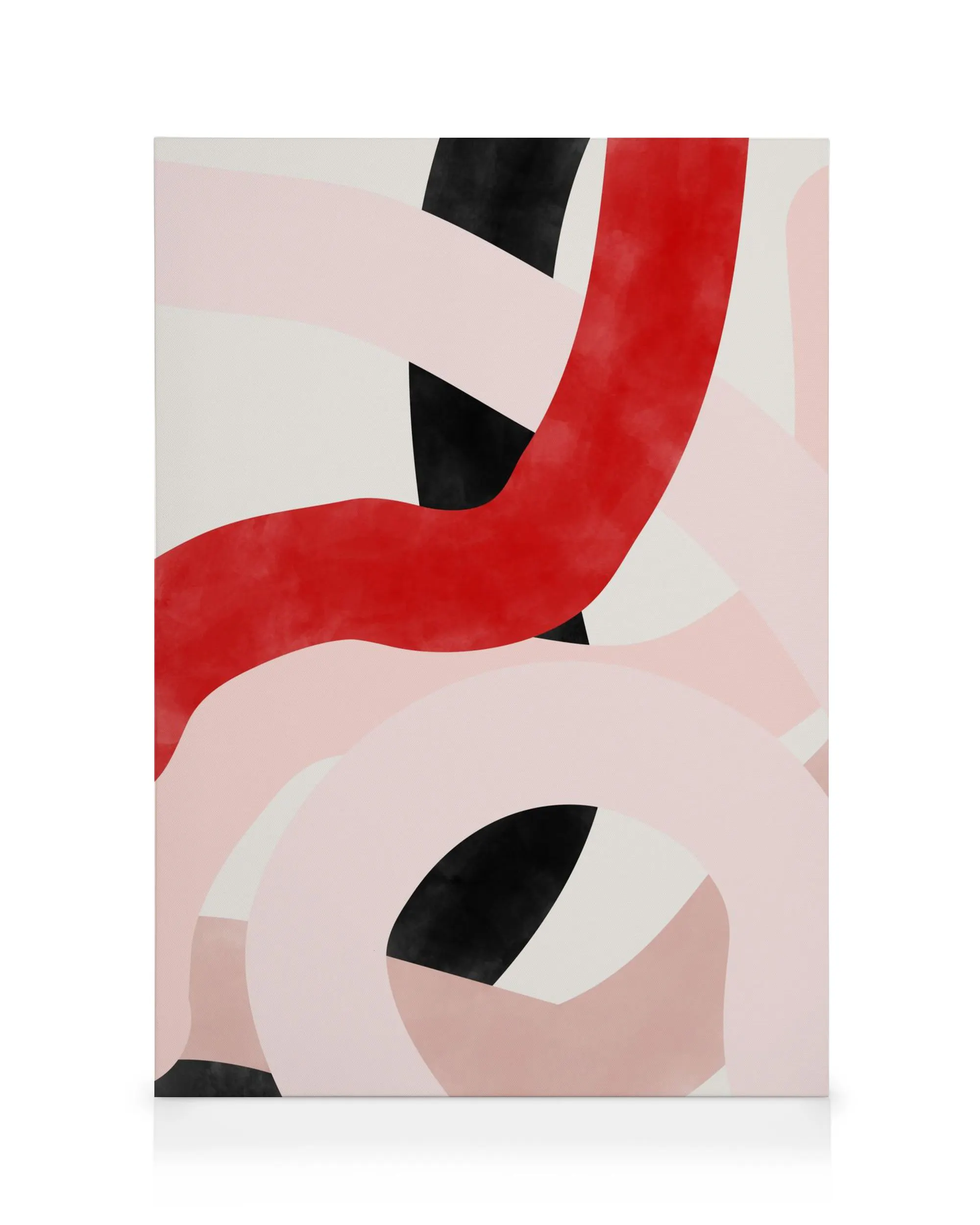 Abstract canvas print with overlapping curved shapes in red, pink, and black on a white background, modern art.