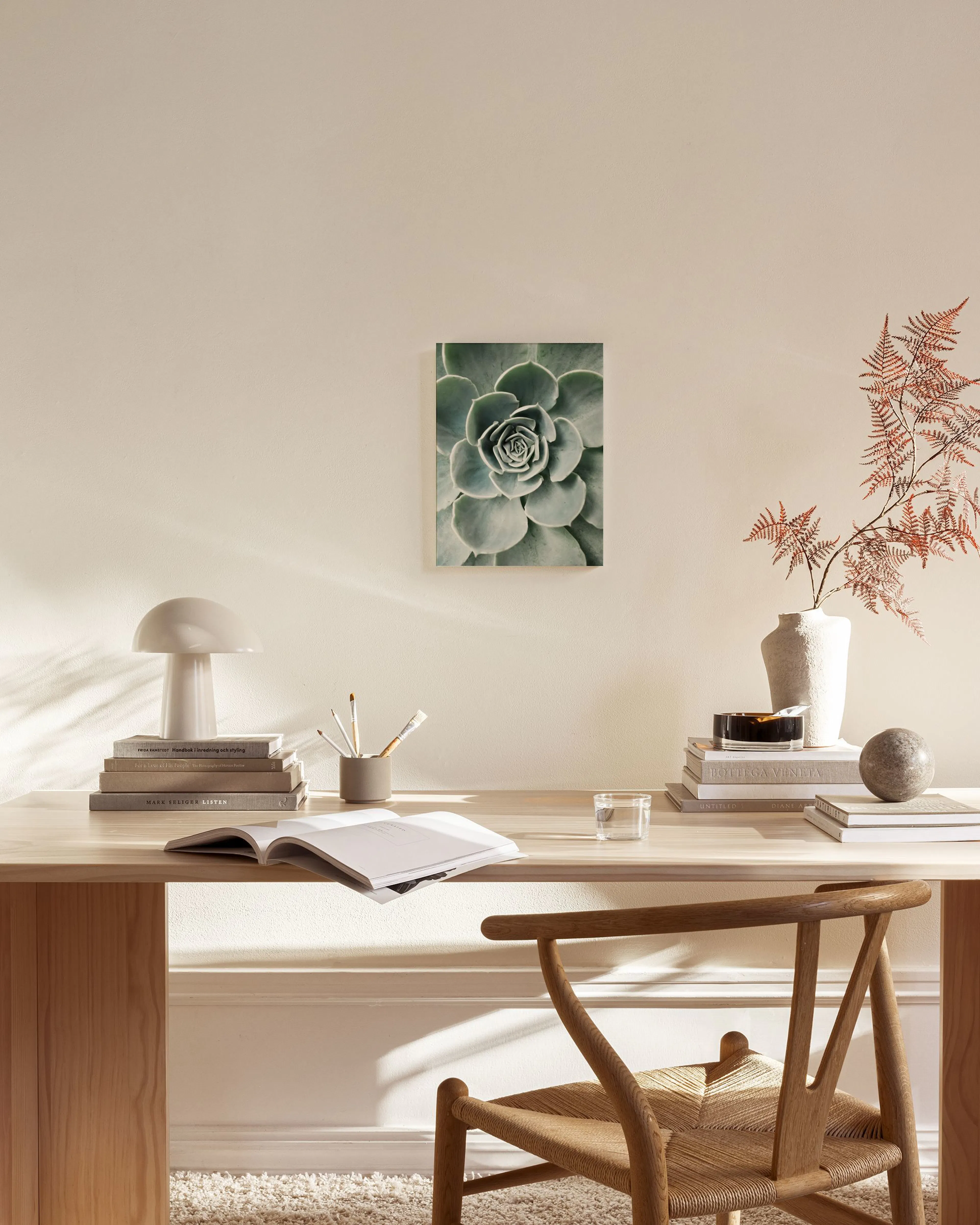 A canvas print of a green succulent plant, hanging on a neutral wall in a modern living room.