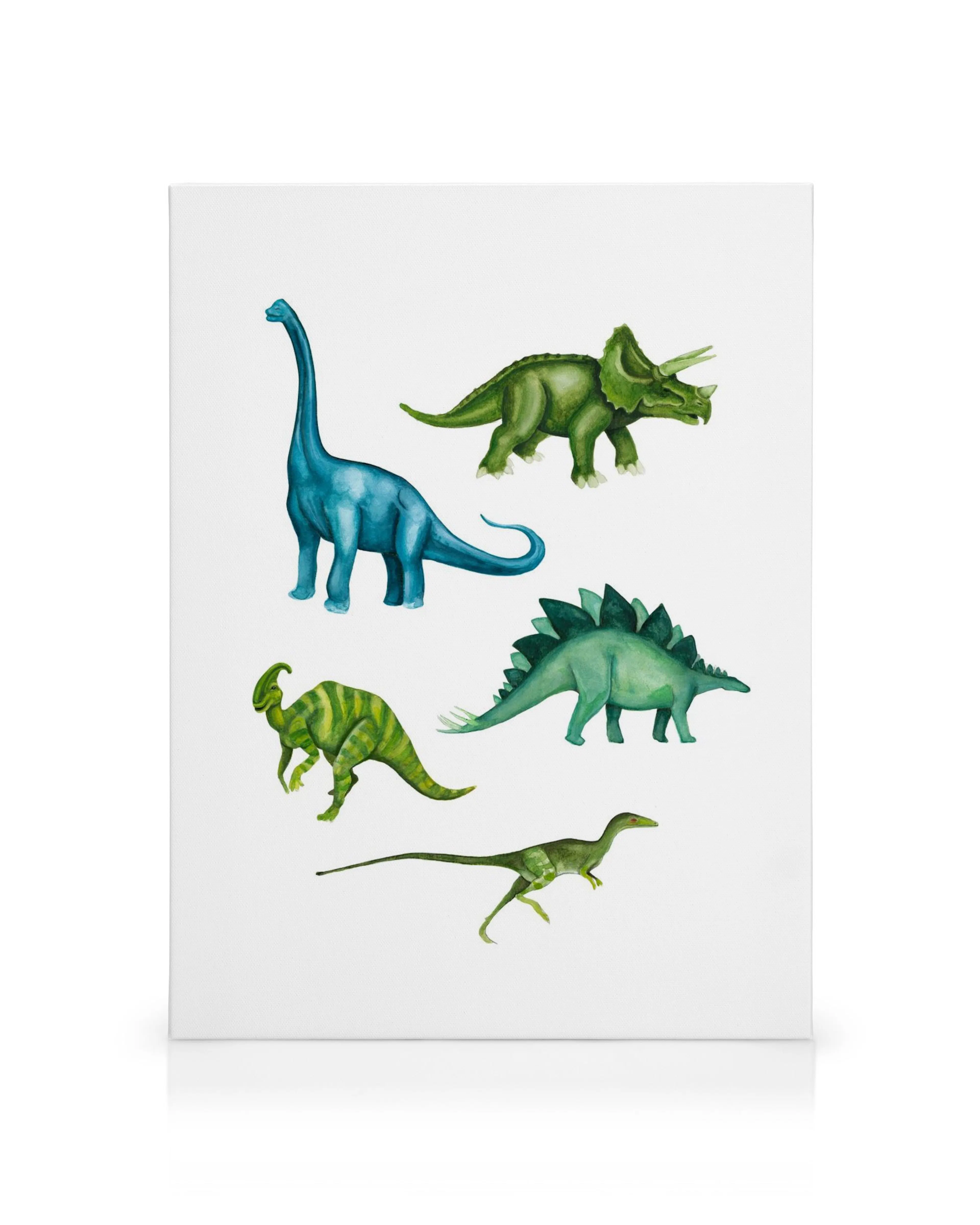 Toile avec une illustration colorée de cinq dinosaures, dont un Brachiosaure bleu et un Tricératops vert.