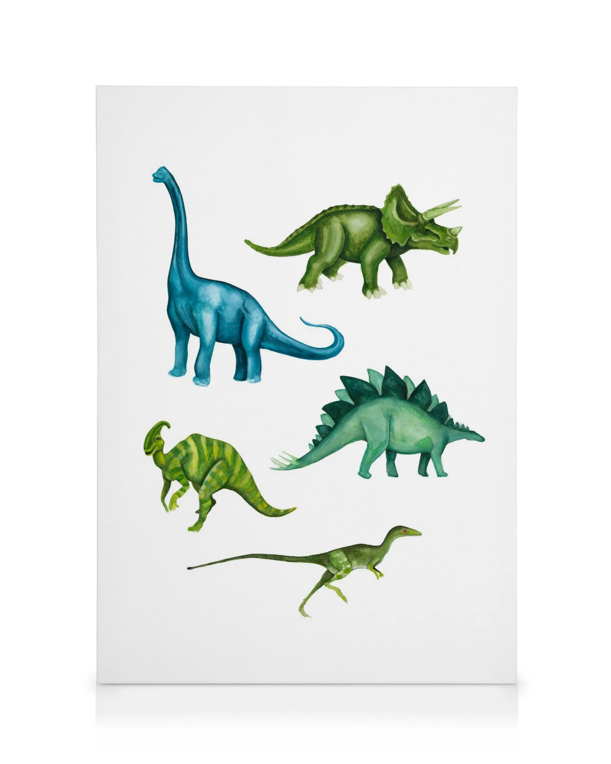 Akvarellikuva viidestä dinosauruksesta: sininen Brachiosaurus, vihreä Triceratops, vihreä Stegosaurus, raidallinen Parasauroloph