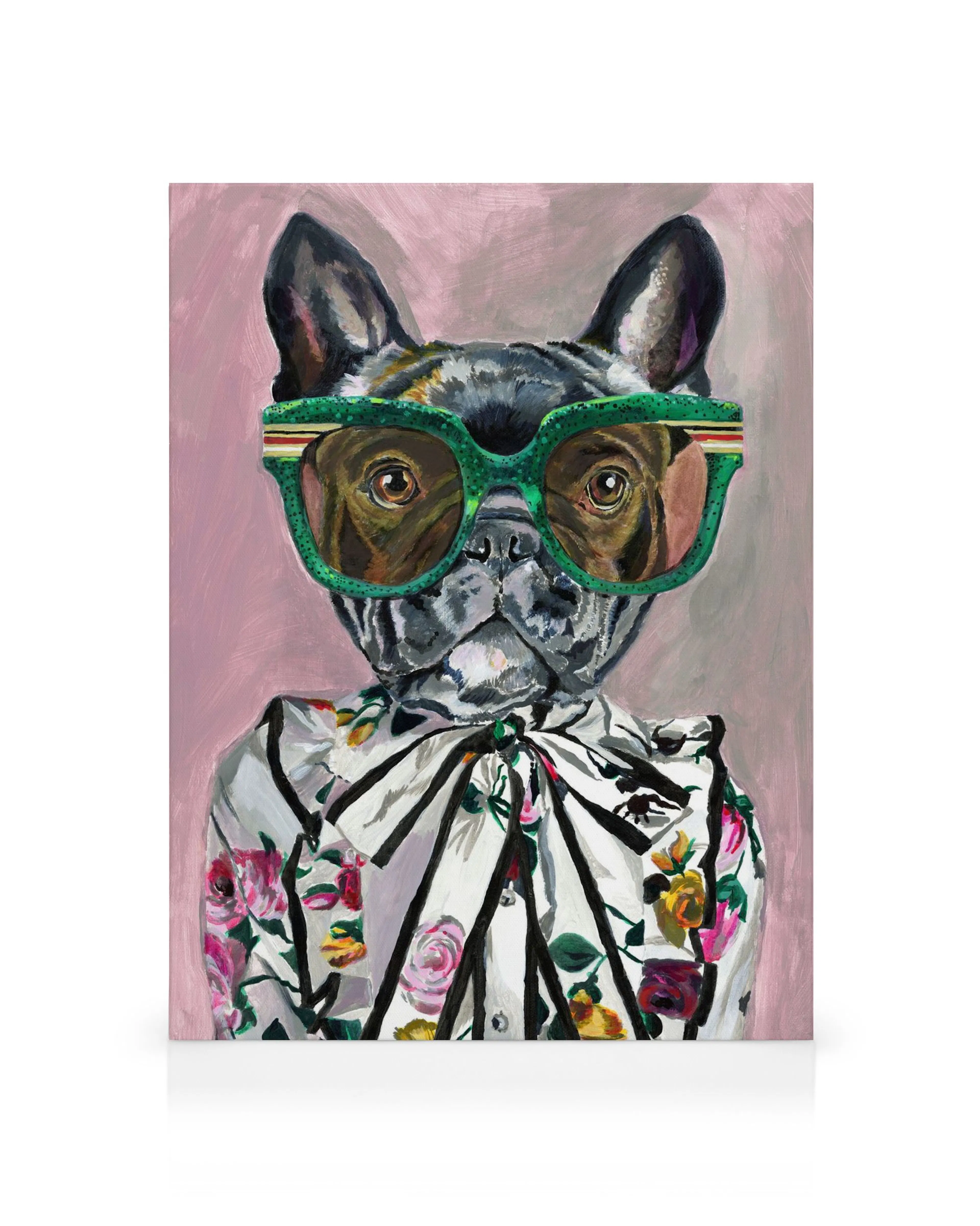Obraz na plátne: buldog s okuliarmi a kvetinovou košeľou, maľba Heather Perry Artsy Dog.