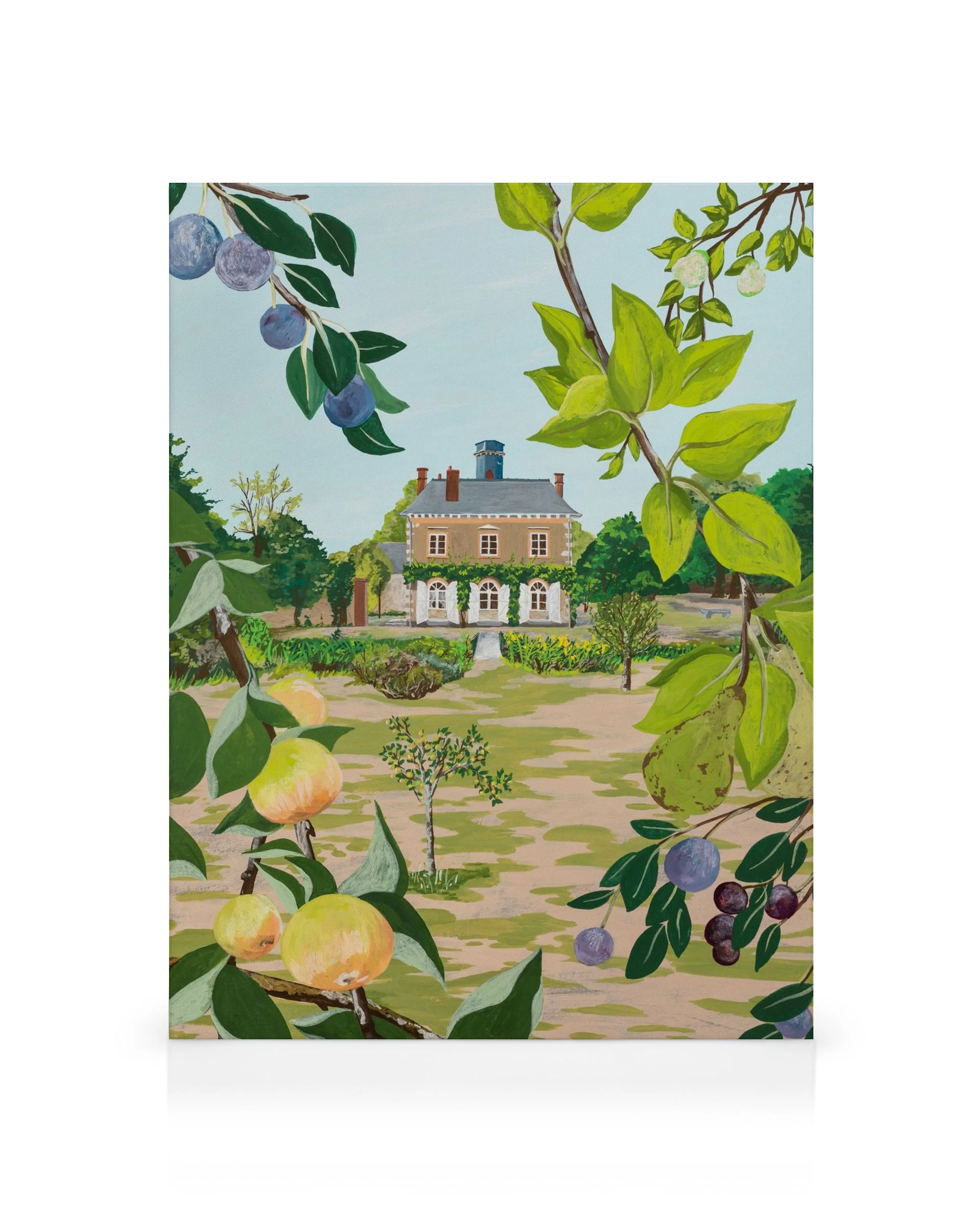 Jaron Sus Le Fruit Chateau, een canvas met een huis omringd door bomen met gele en paarse vruchten onder een lichtblauwe hemel.