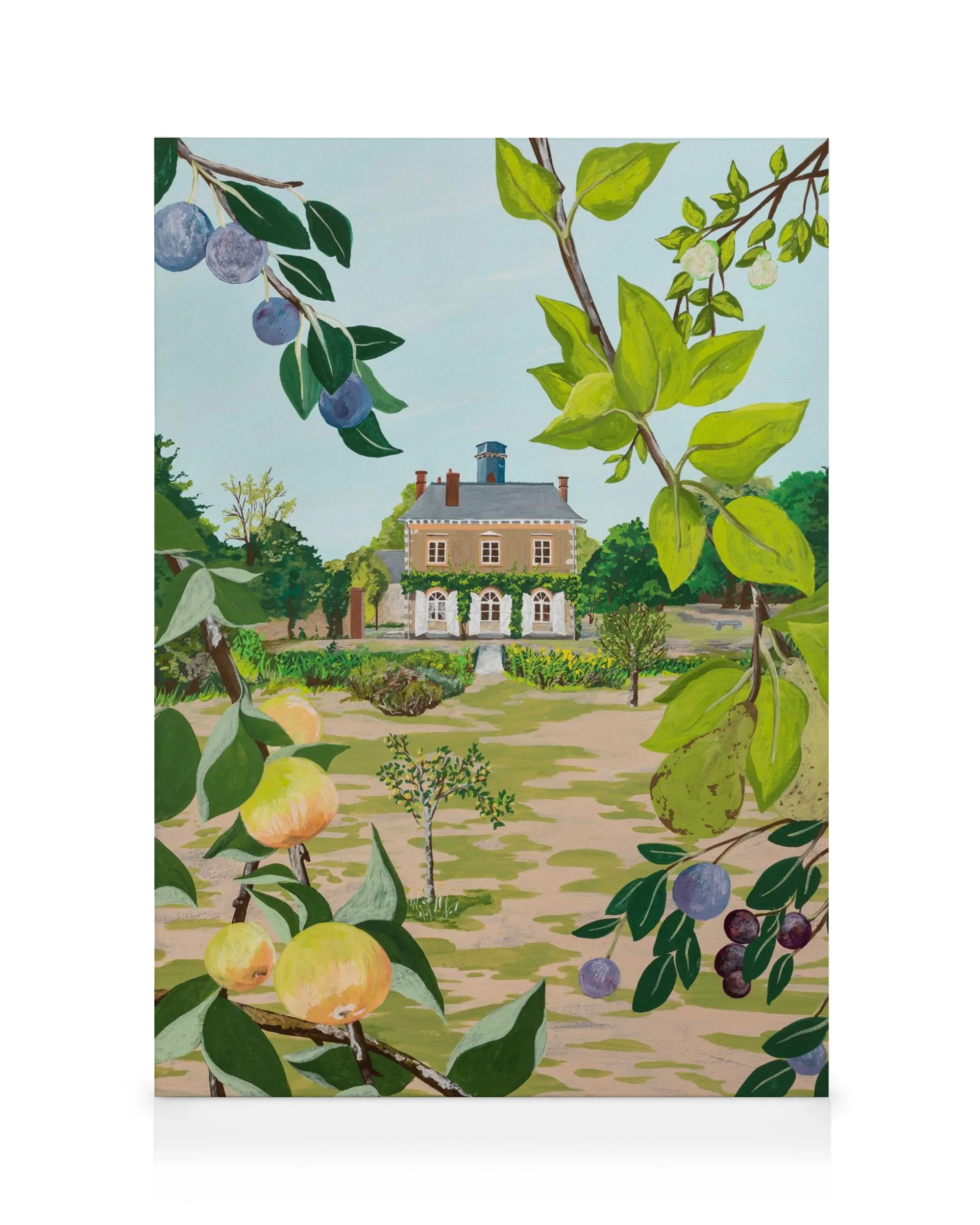 Jaron Sus Le Fruit Chateau canvas print, a vibrant illustration of a French chateau framed by fruit trees.