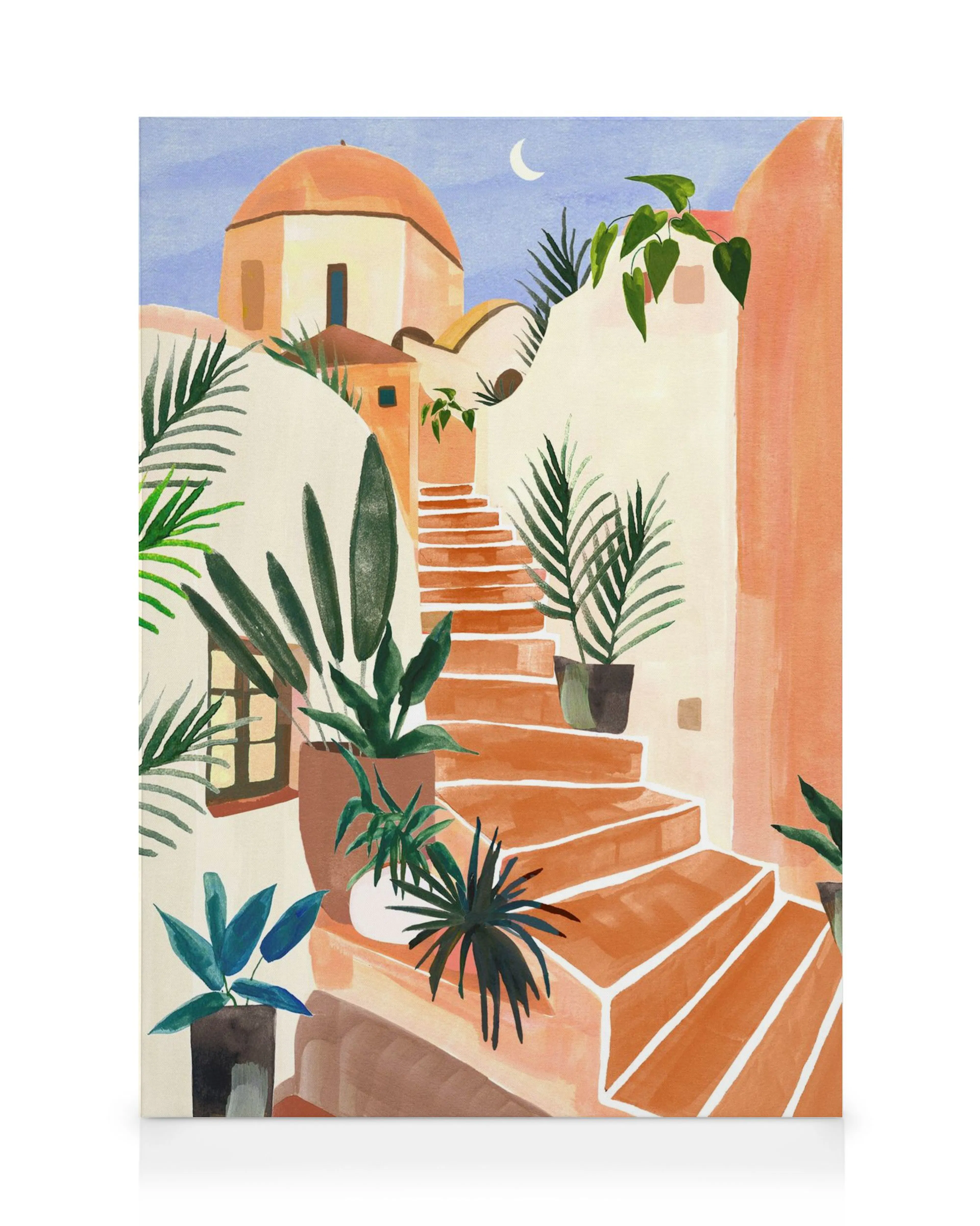 Lienzo tropical con escalera naranja, plantas verdes exuberantes y un edificio con cúpula bajo un cielo azul claro con luna.