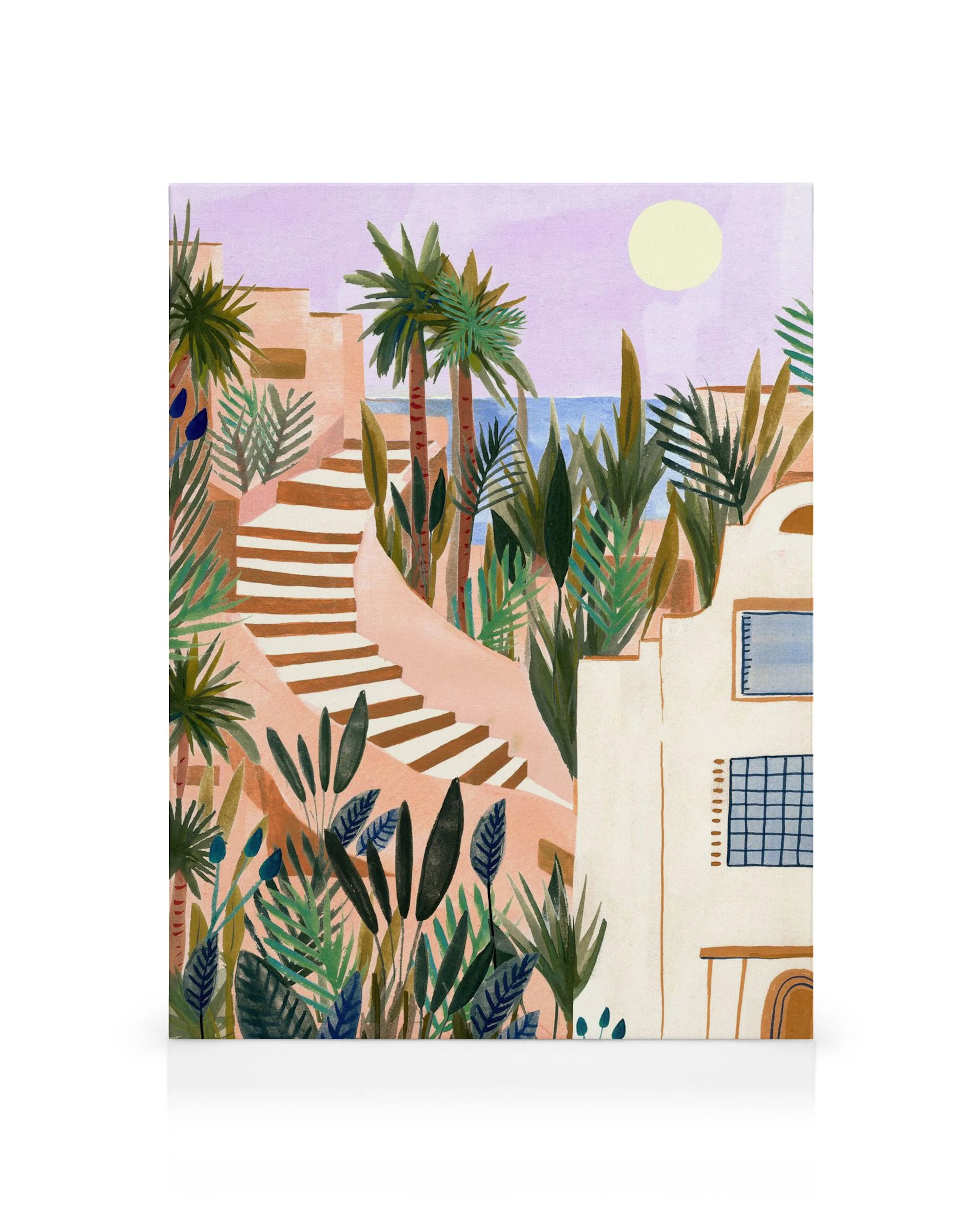 Tropical canvas print with lush green plants, palm trees, and a sunlit staircase leading to a blue ocean view.