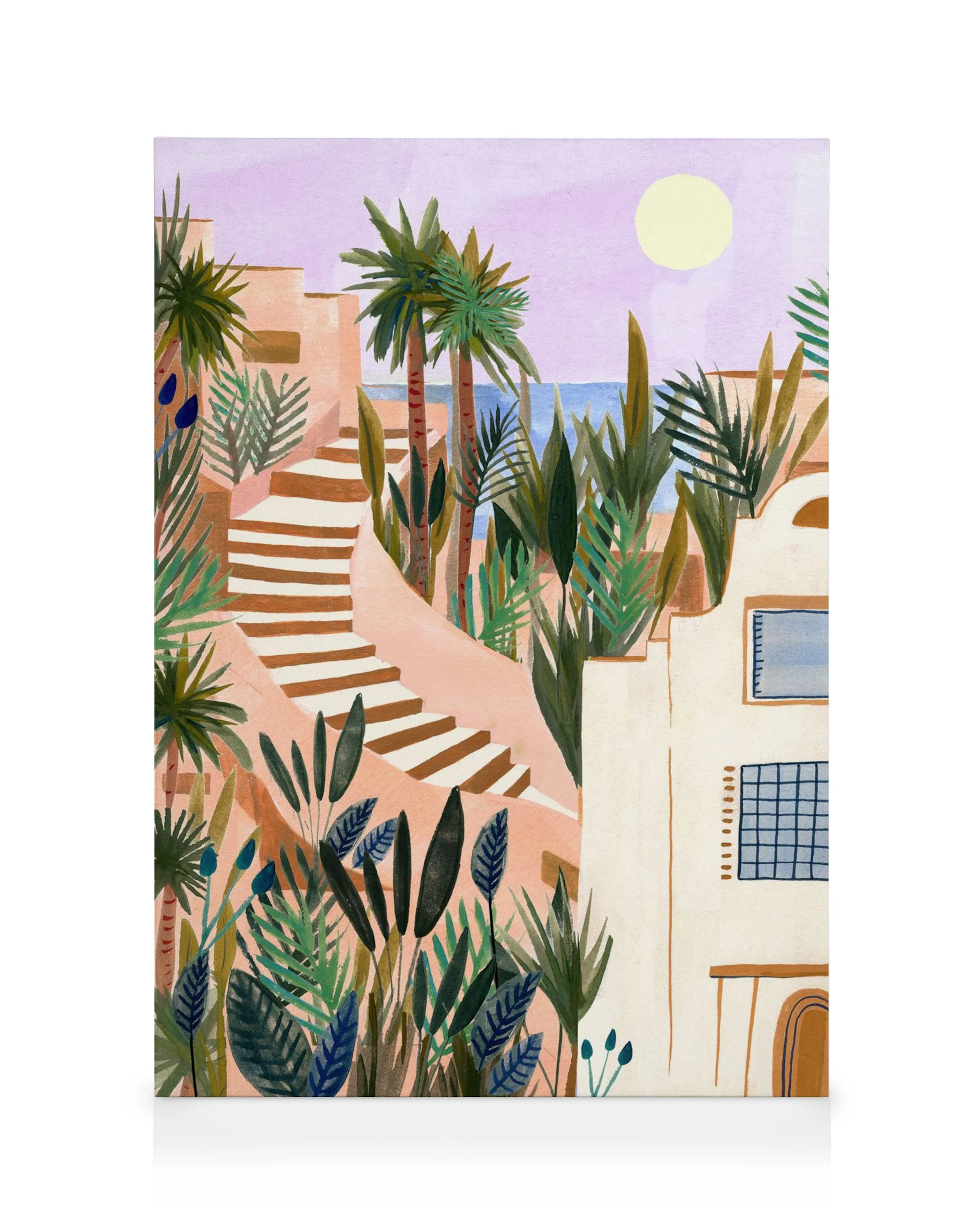 Pintura abstracta tropical con edificios, palmeras y plantas. Camino serpenteante en tonos rosa, azul, verde y beige.