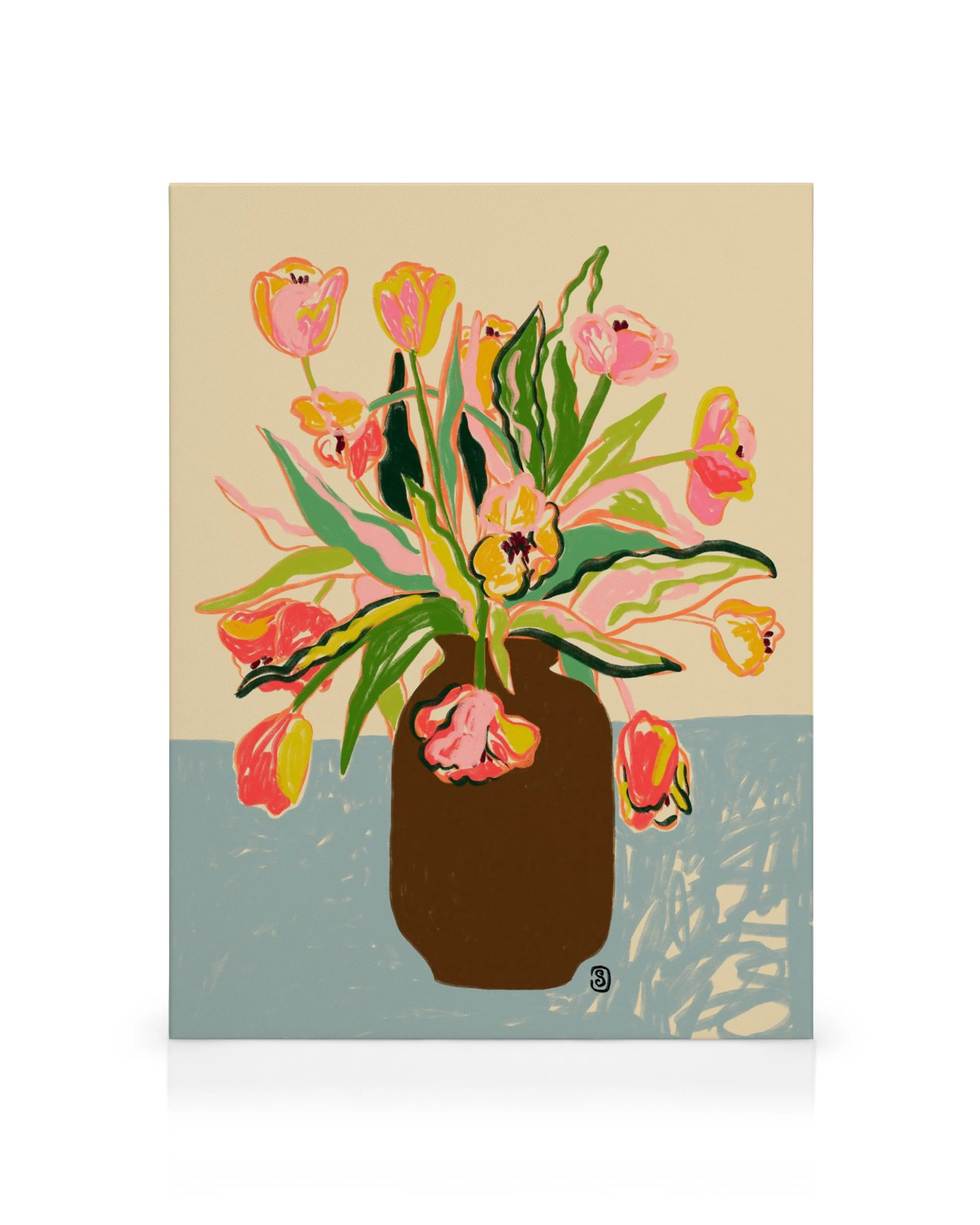 Obraz na plátně s vázou plnou růžových a žlutých tulipánů s výraznými zelenými listy, stylizovaný design.