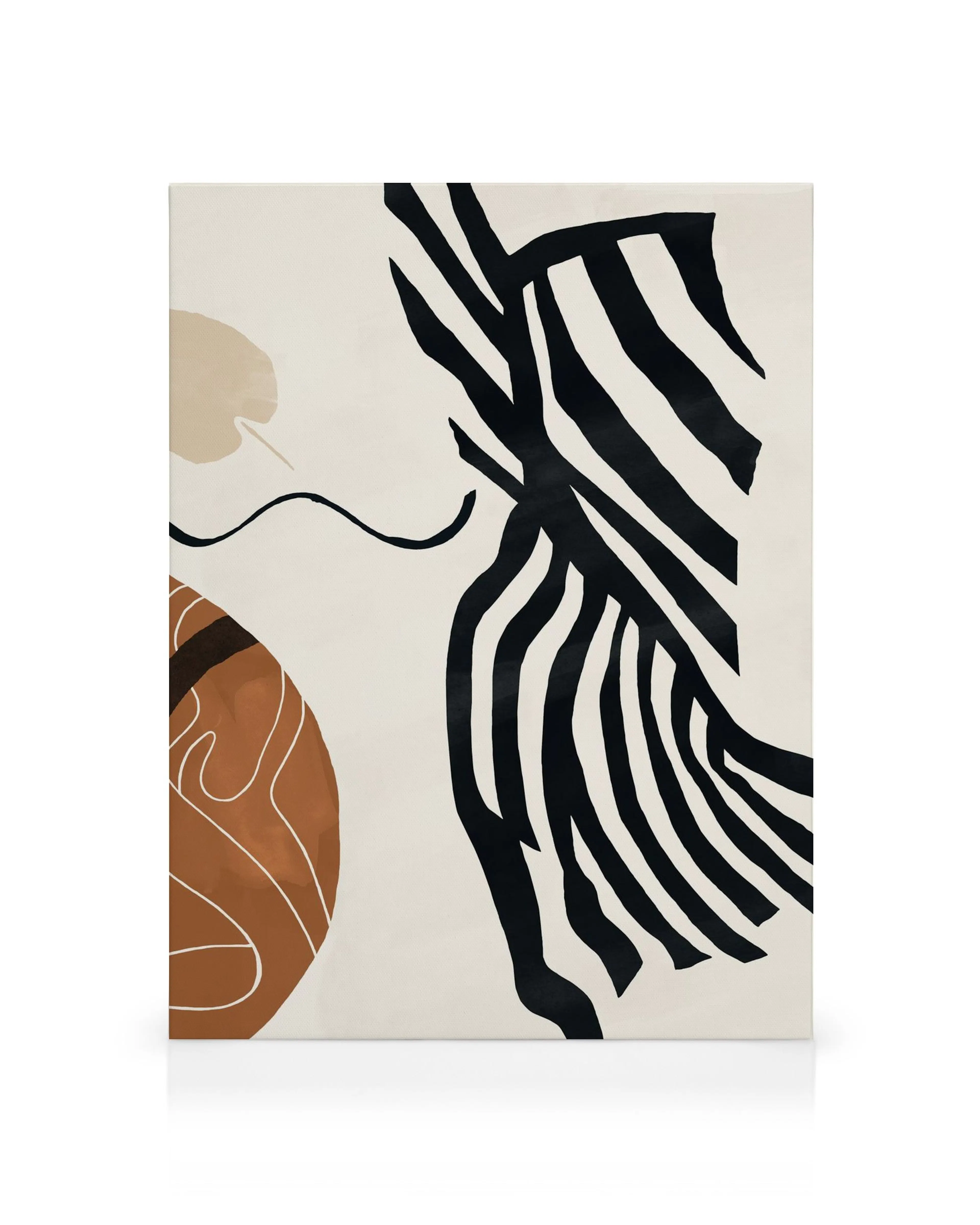 Abstract canvas print with black curved and straight lines, a beige background, and brown circular shape.
