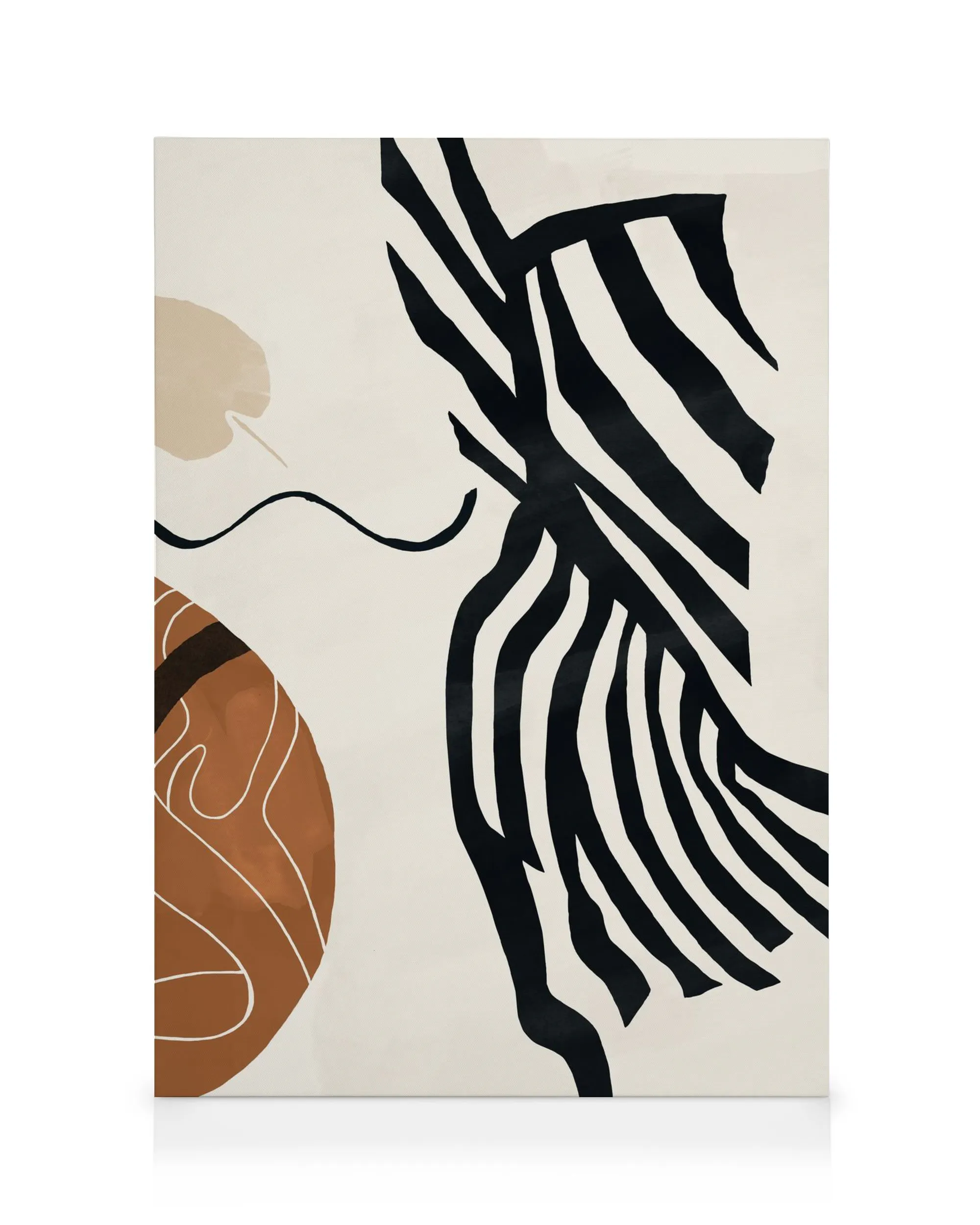 Female Inspired 02 canvas print with abstract shapes in black, brown, and beige, featuring organic lines and striped patterns.